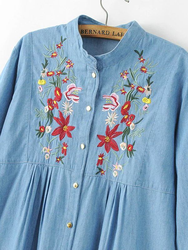 Blue Flower Embroidery High Low Denim Dress With Buttons