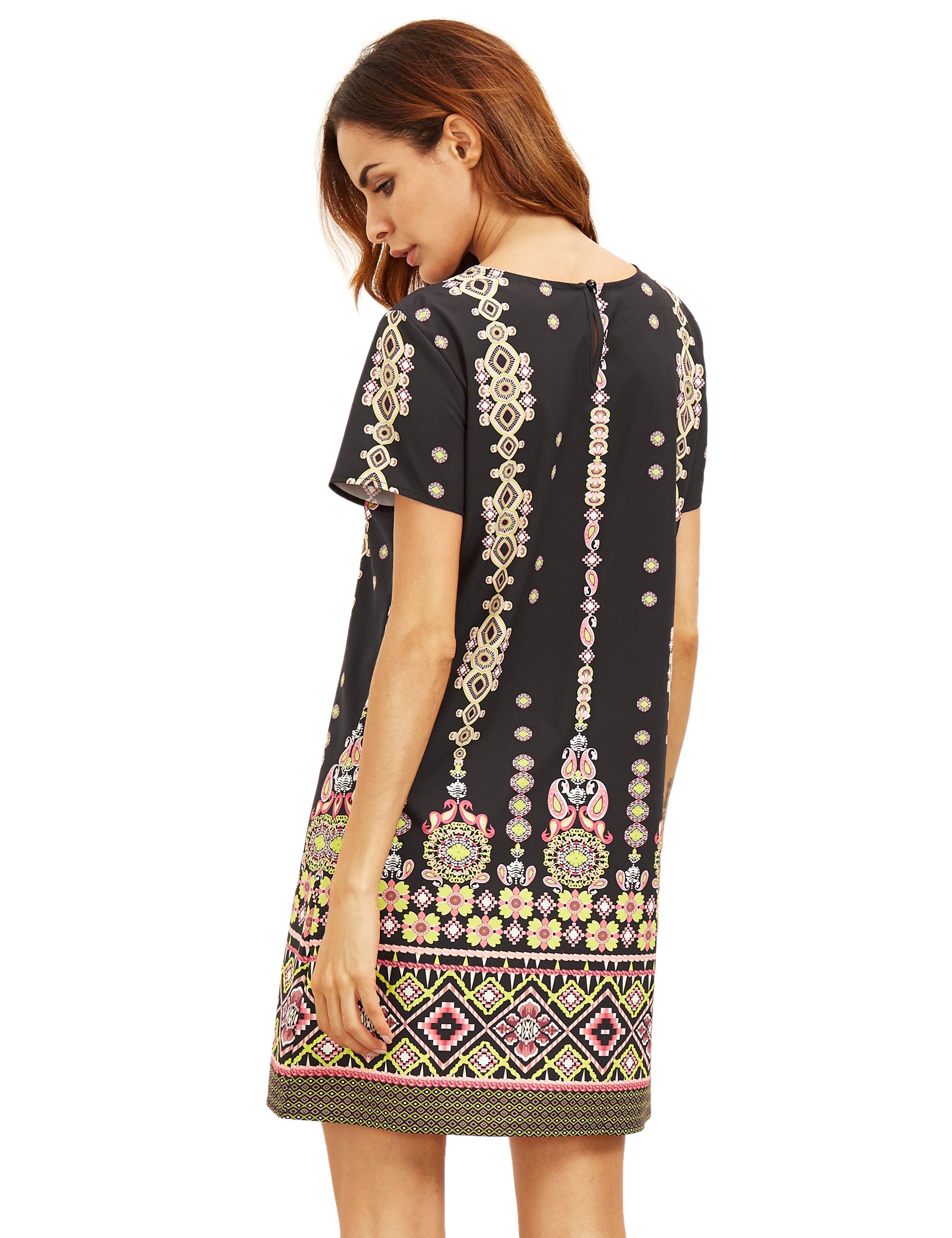 Pink In Black Aztec Print Shift Dress