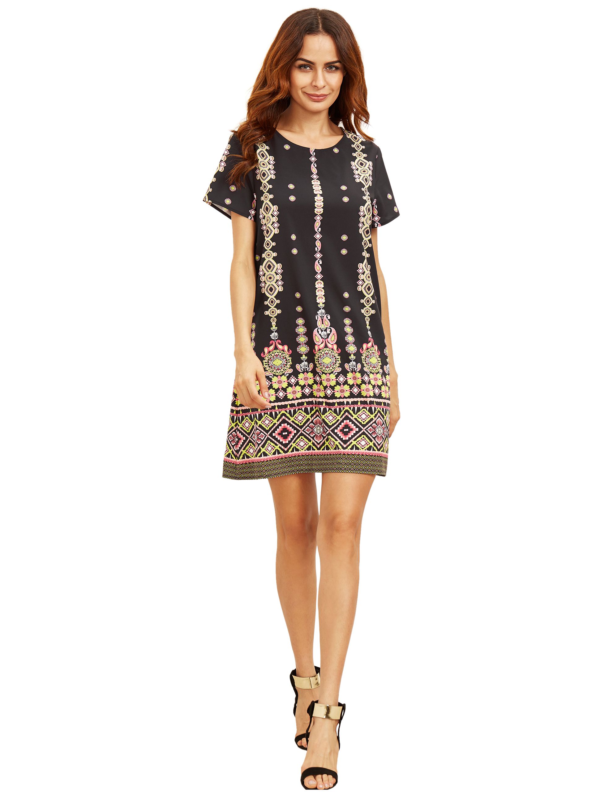 Pink In Black Aztec Print Shift Dress