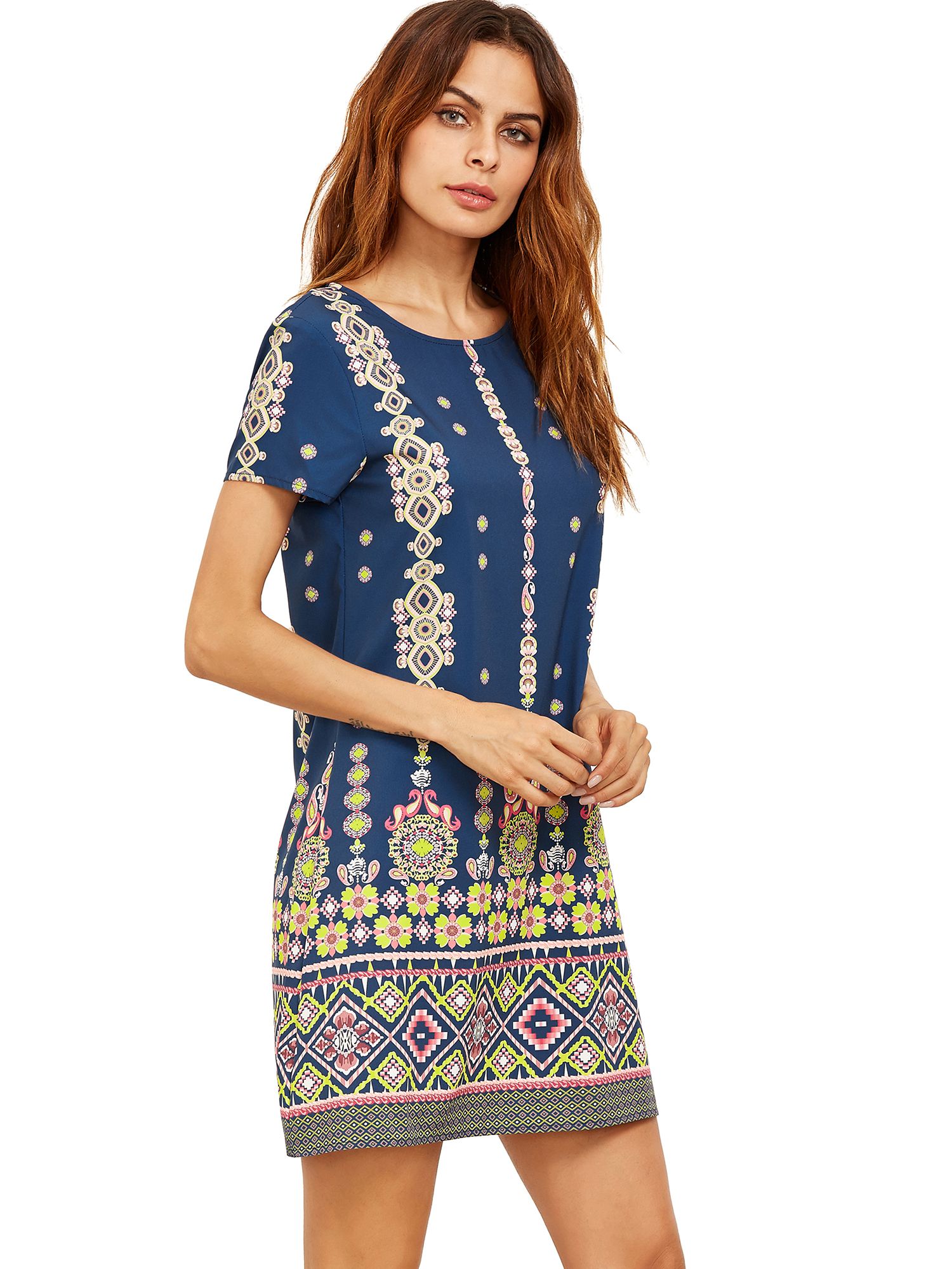 Pink In Blue Aztec Print Shift Dress