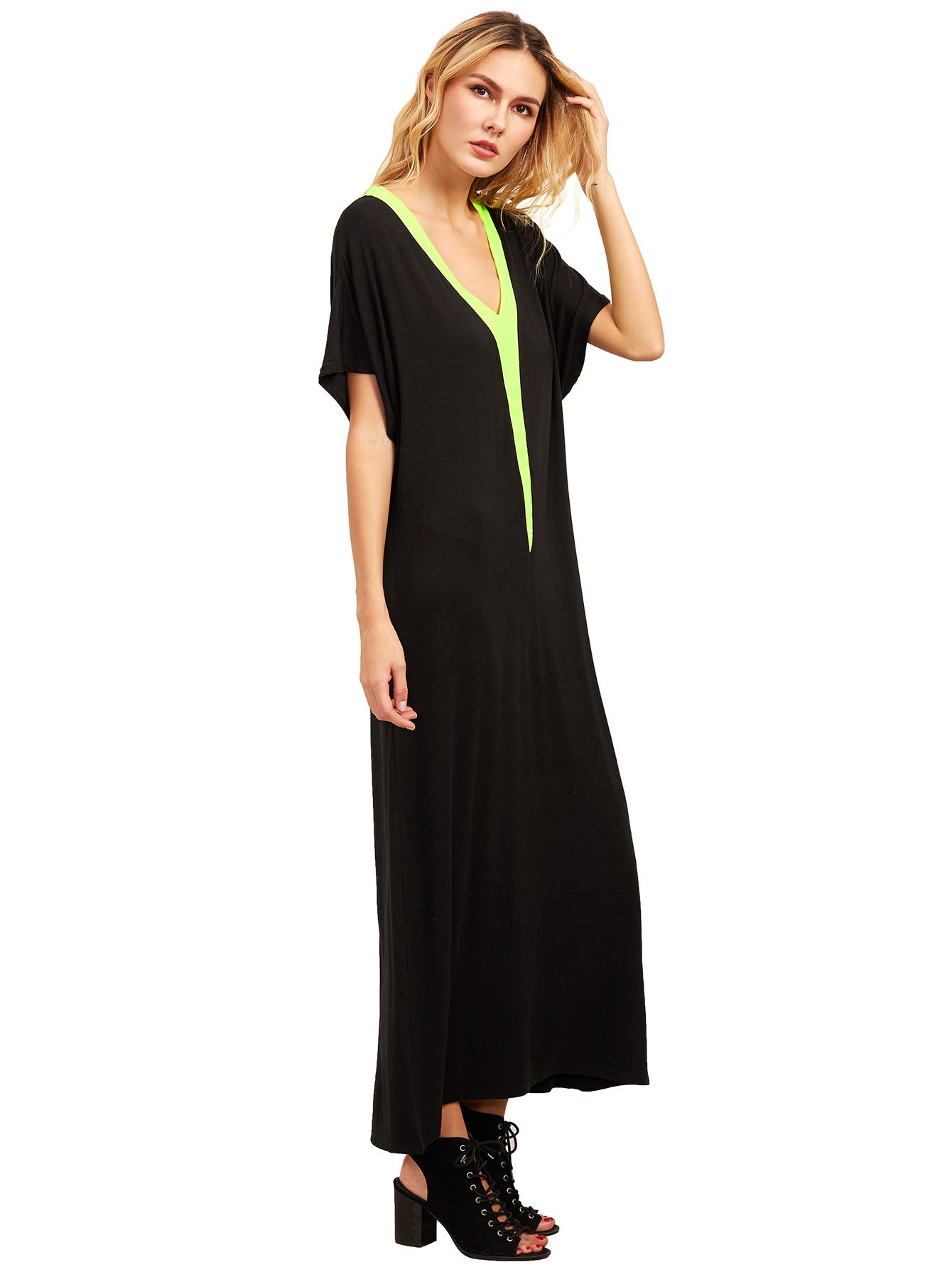 Black V Neck Short Sleeve Shift Maxi Dress