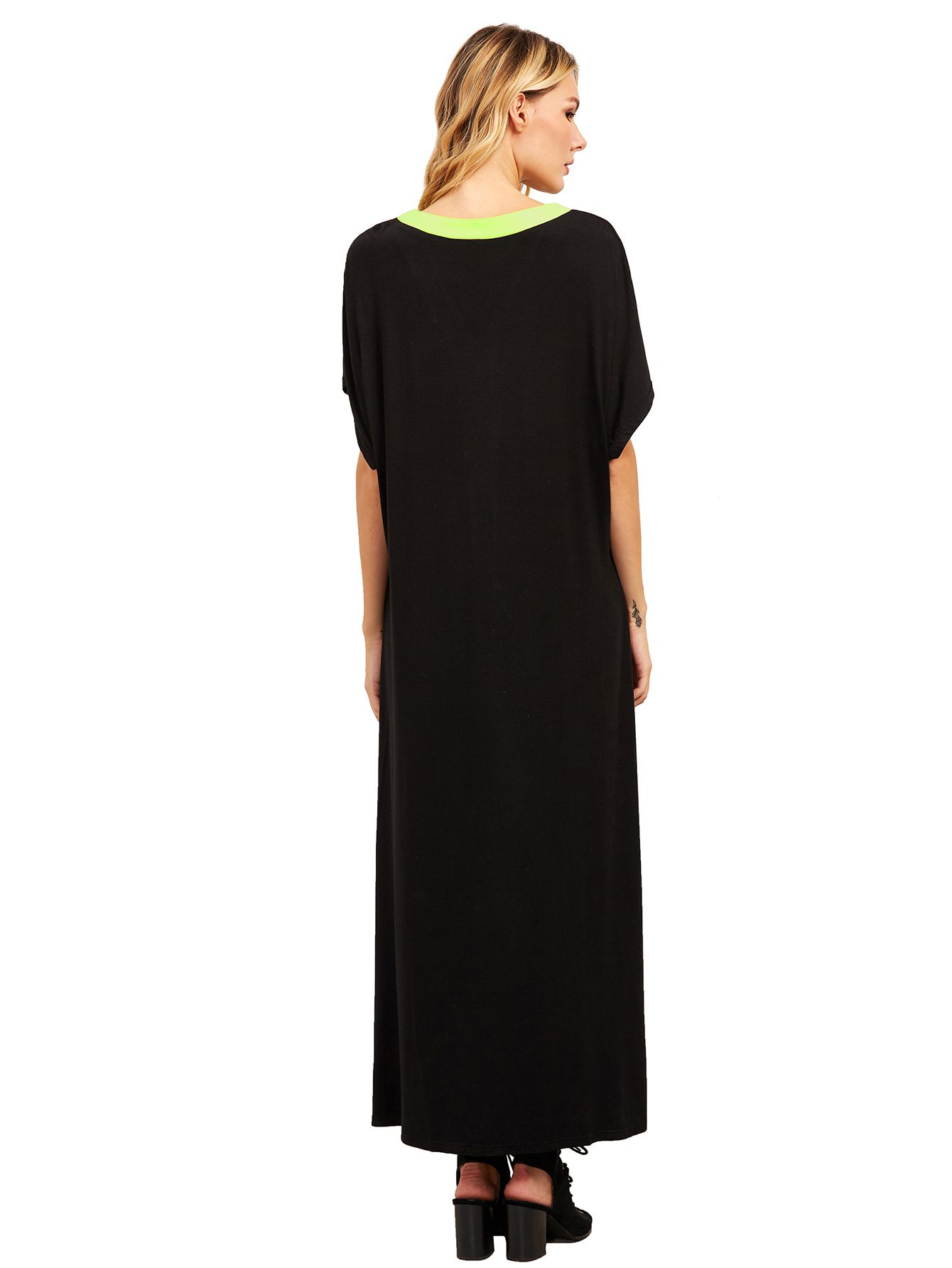 Black V Neck Short Sleeve Shift Maxi Dress