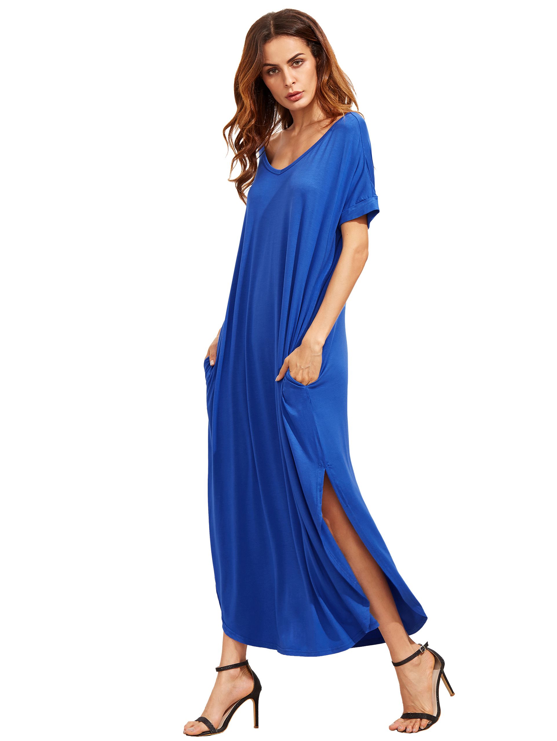 Blue Short Sleeve Pocket Split Side Dress