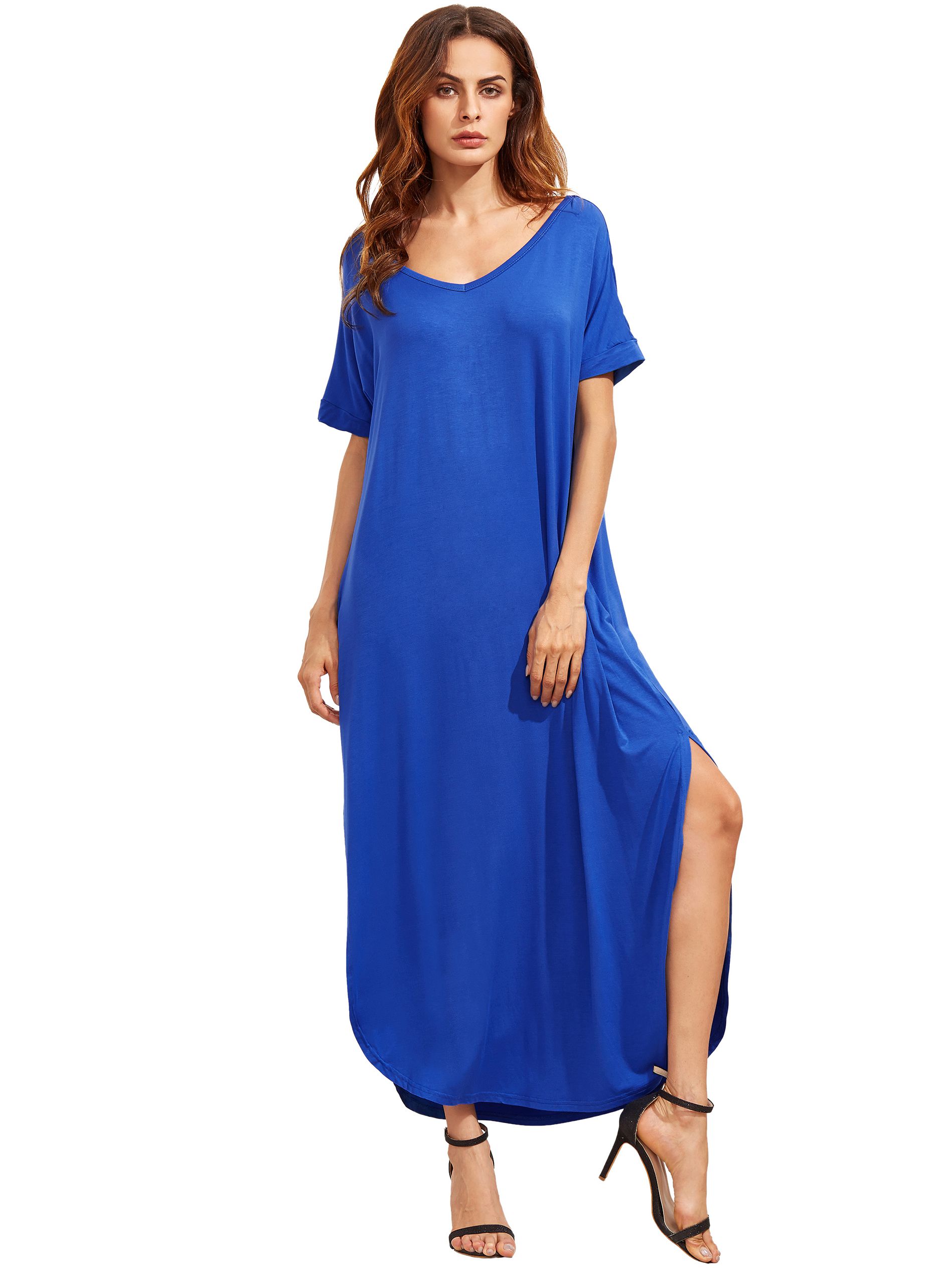 Blue Short Sleeve Pocket Split Side Dress