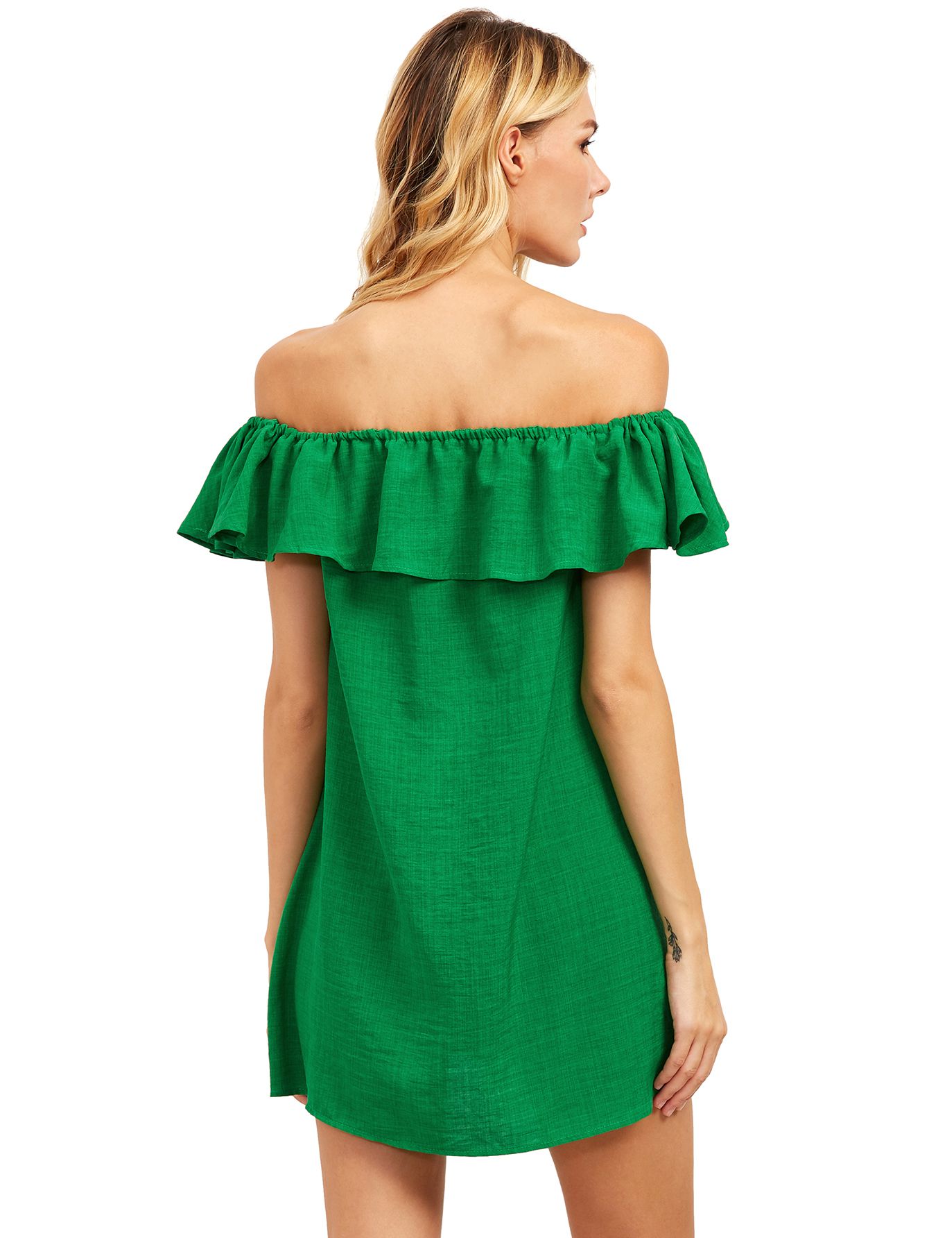 Flounce Off-The-Shoulder Dress - Green