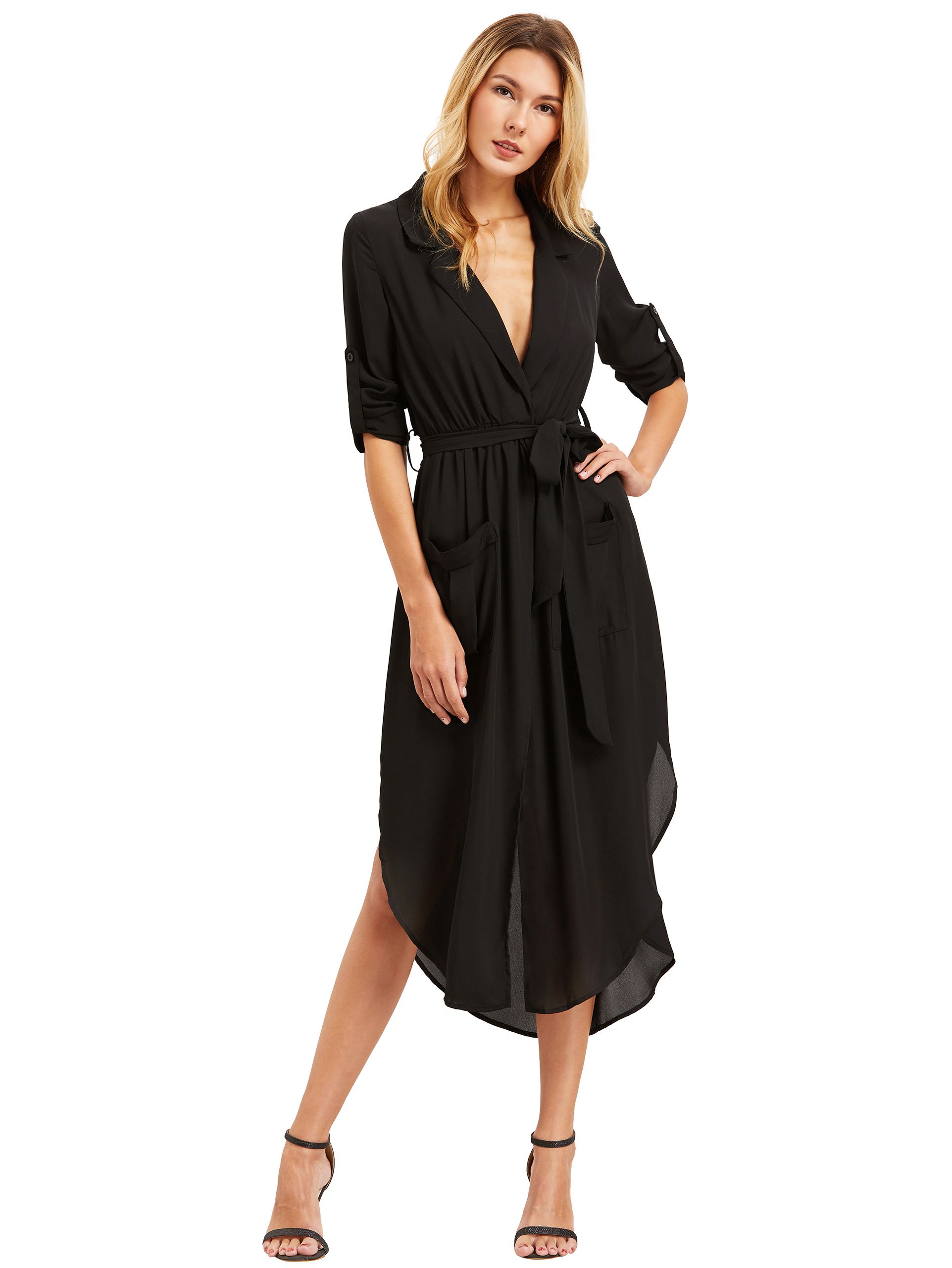 Black Lapel Self-tie HIgh Low Chiffon Dress With Pockets