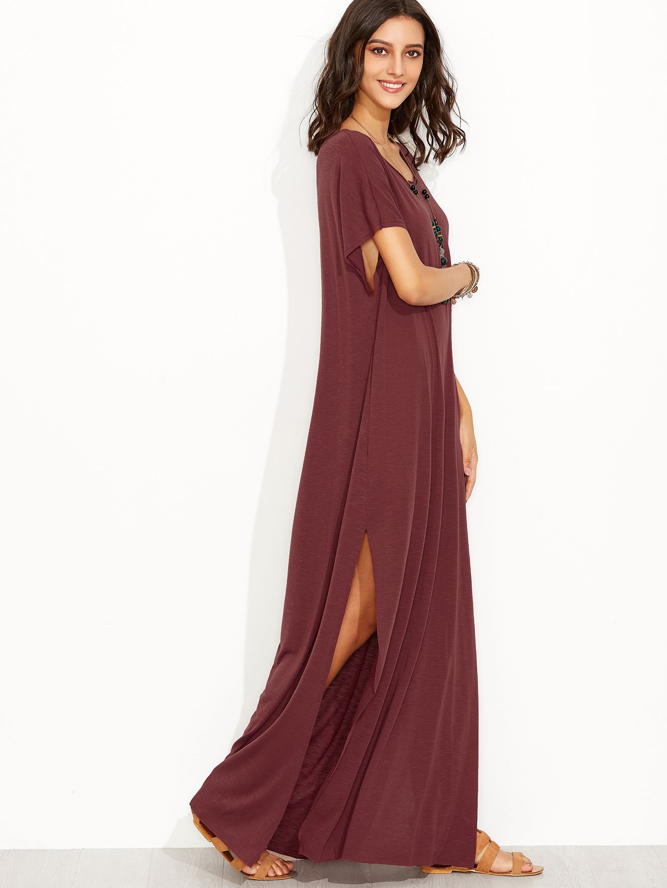 Burgundy Side Slit Loose Fit Maxi Tee Dress