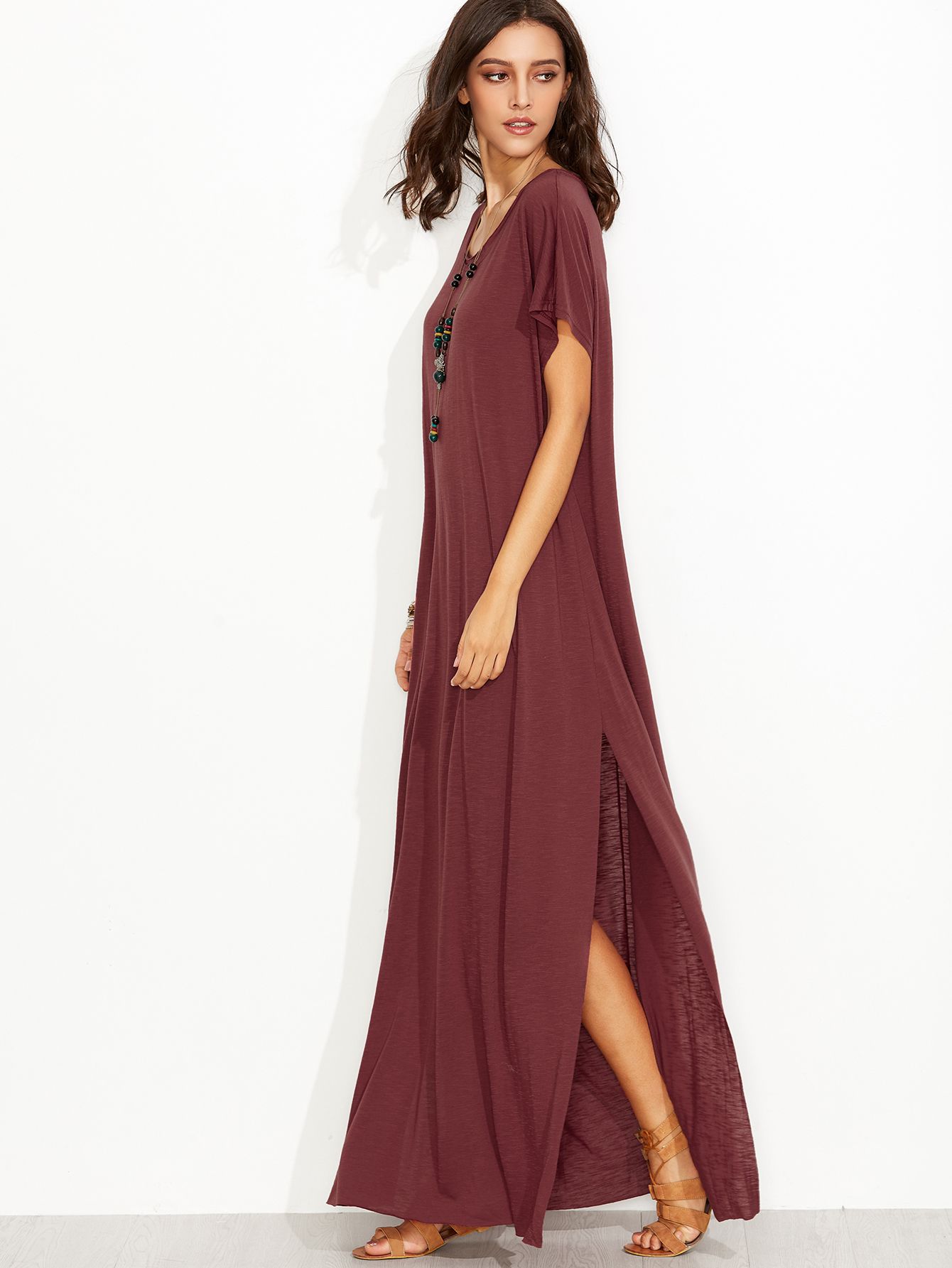 Burgundy Side Slit Loose Fit Maxi Tee Dress