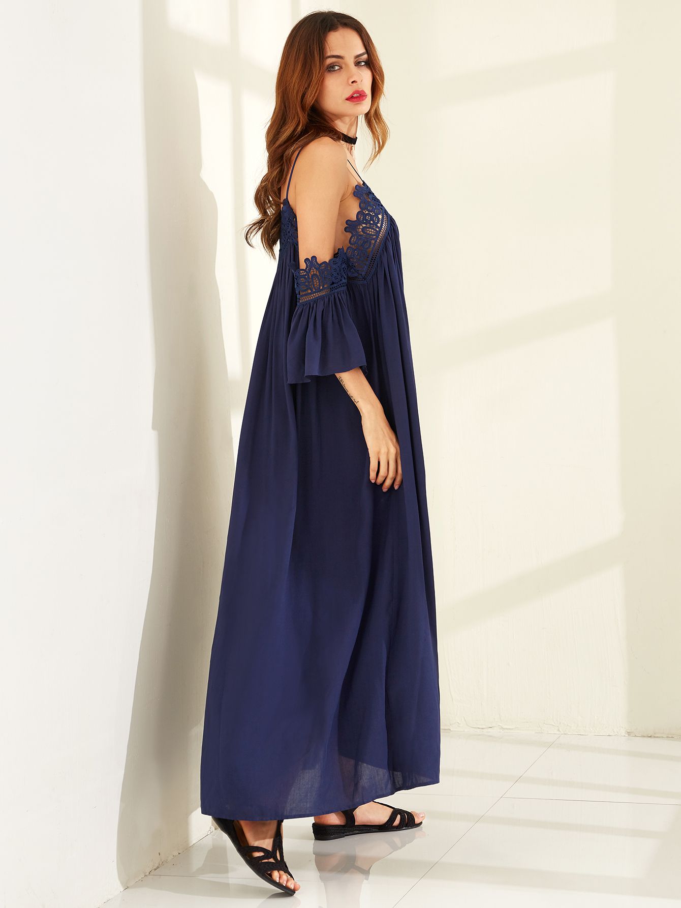 Navy Cold Shoulder Pleated Lace Trim Dress