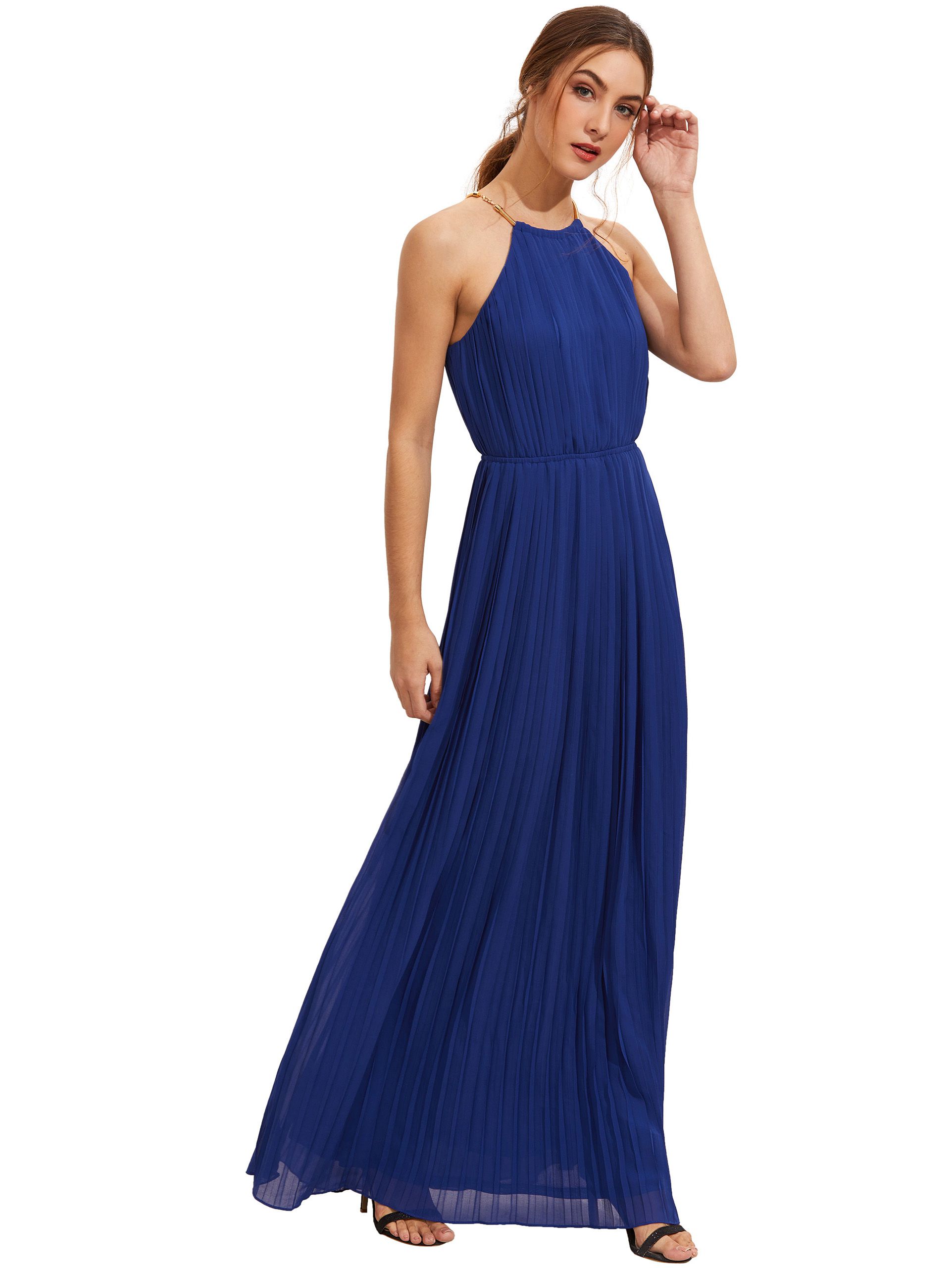 Light Blue Evening Sleeveless Halterneck Pleated Infinity Maxi Dress