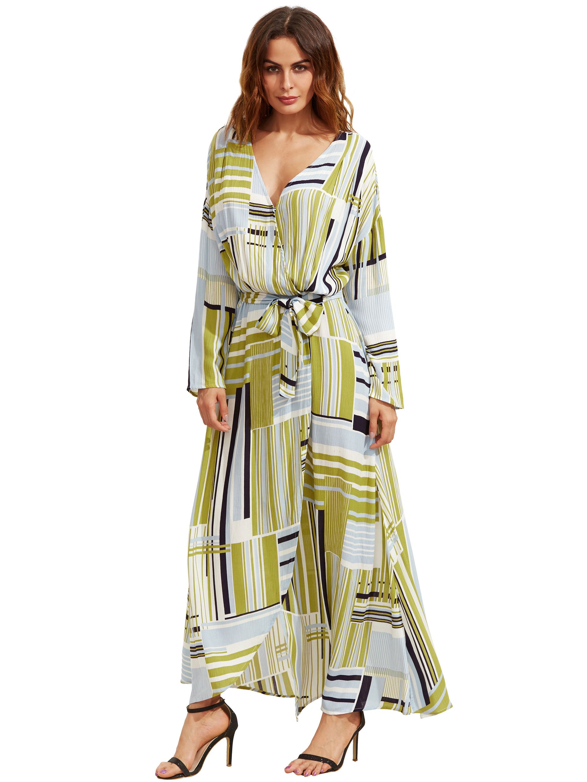 Multicolor Print V Neck Tie Waist Maxi Dress