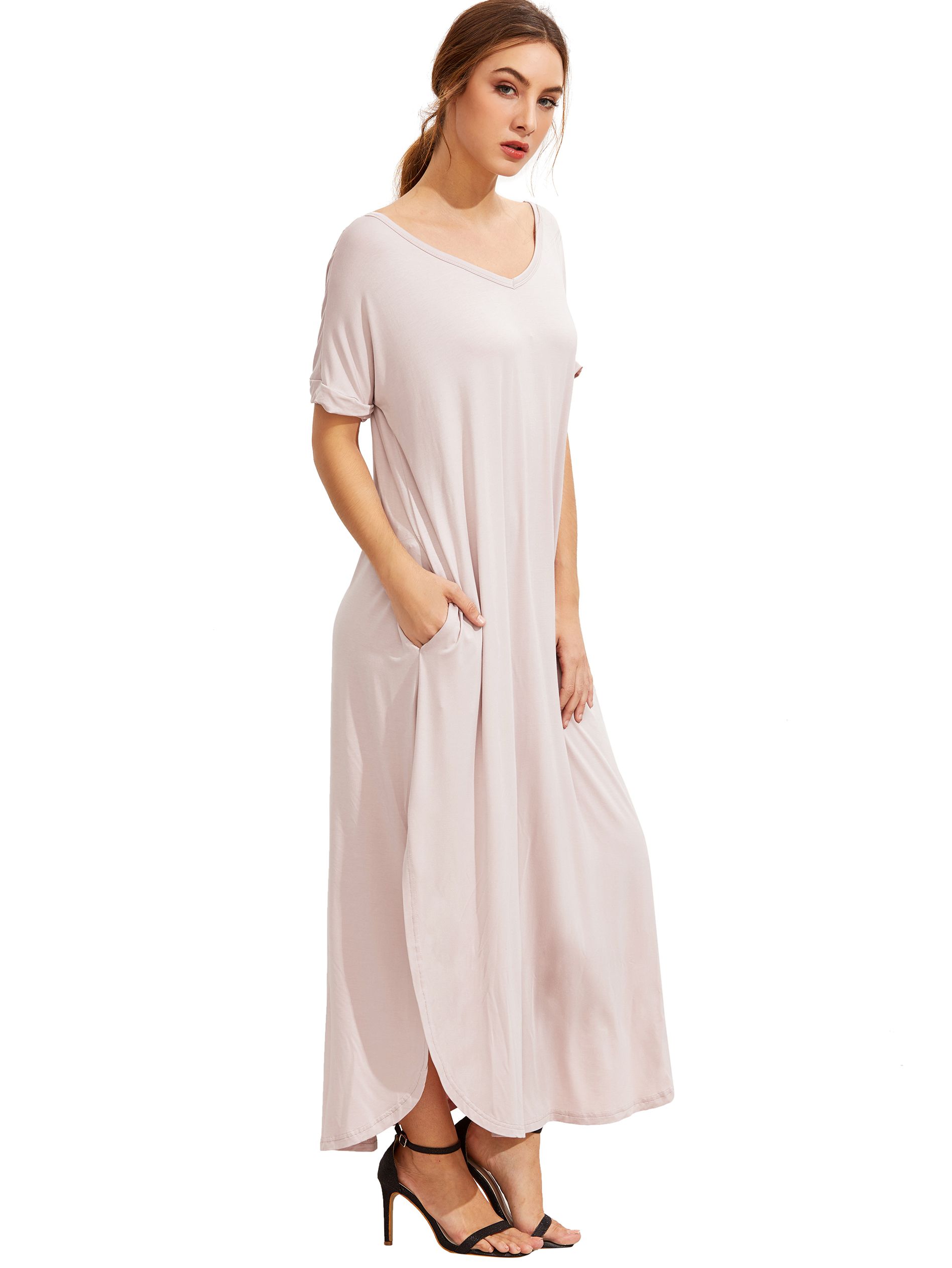 Light Pink Short Sleeve Pocket Split Side Dress