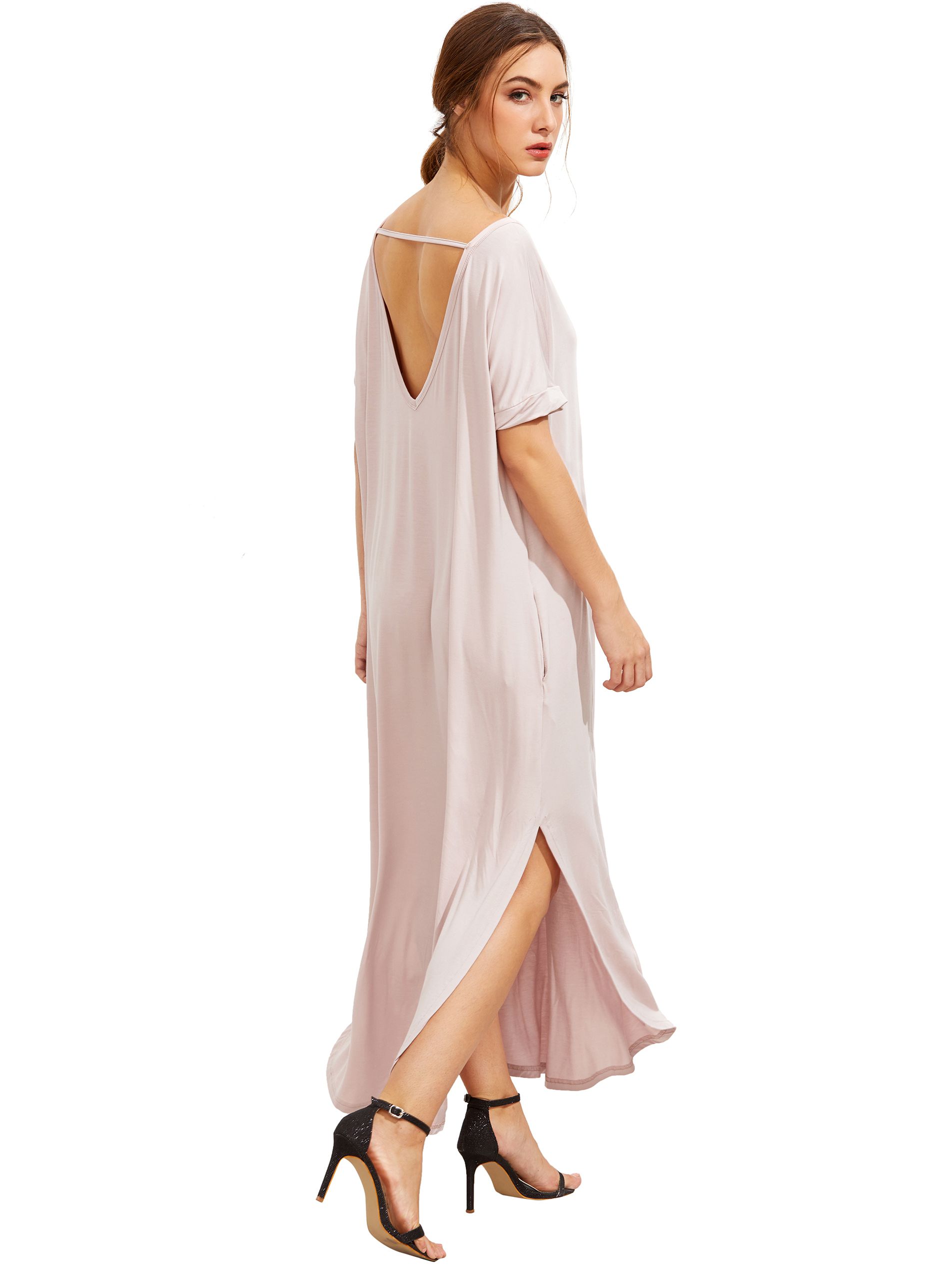 Light Pink Short Sleeve Pocket Split Side Dress