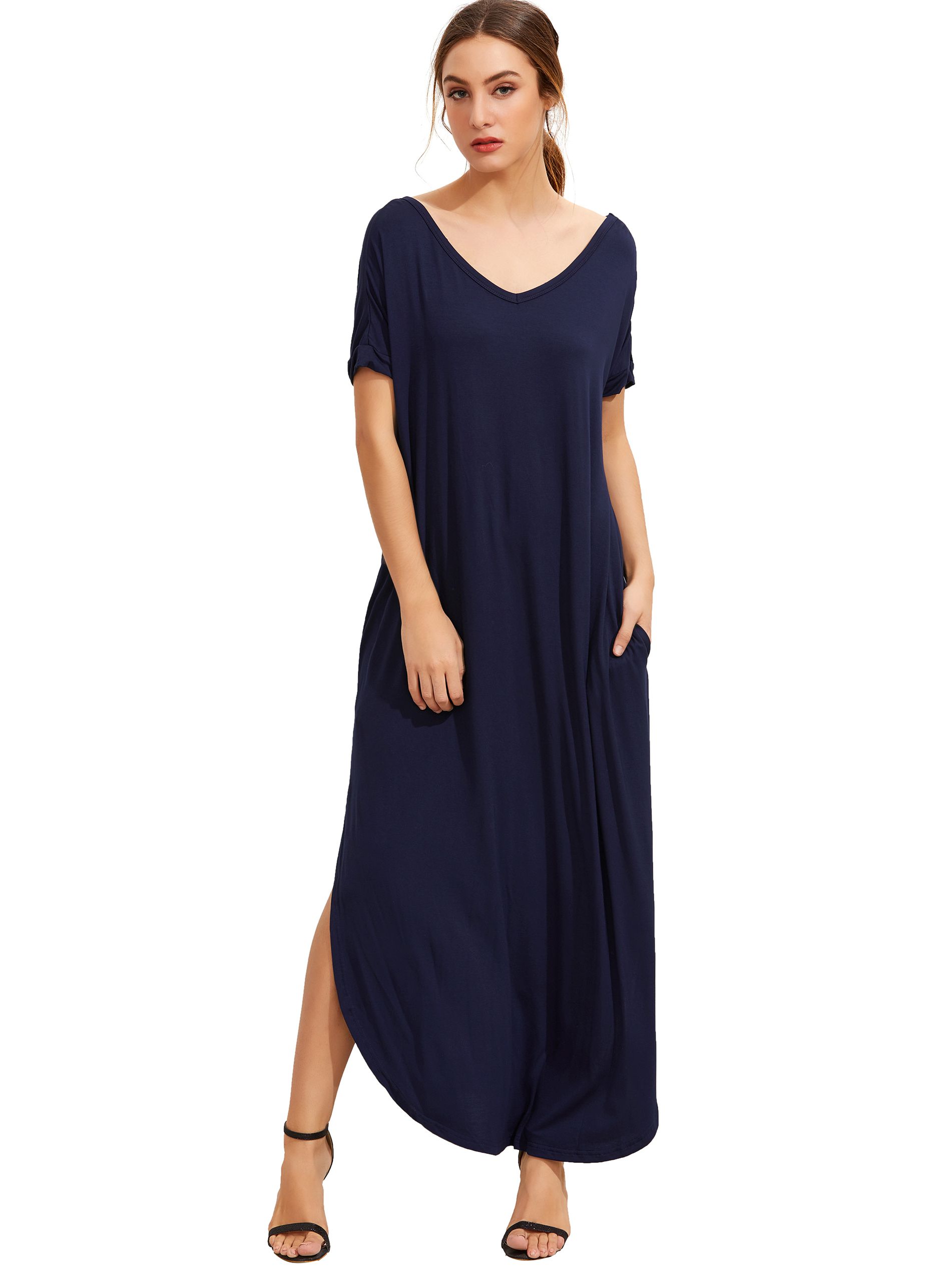 Navy Short Sleeve Pocket Split Side Dress