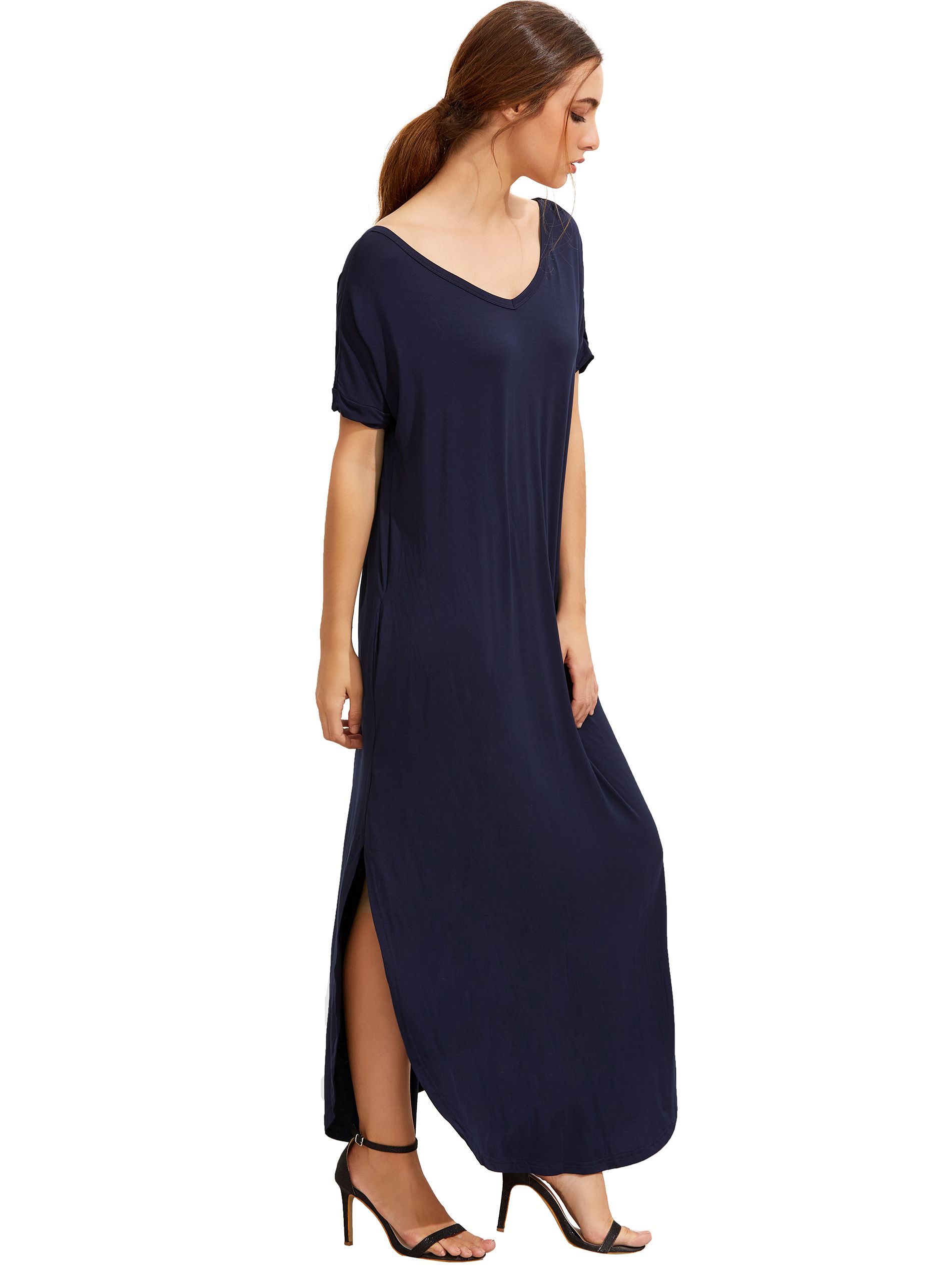 Navy Short Sleeve Pocket Split Side Dress