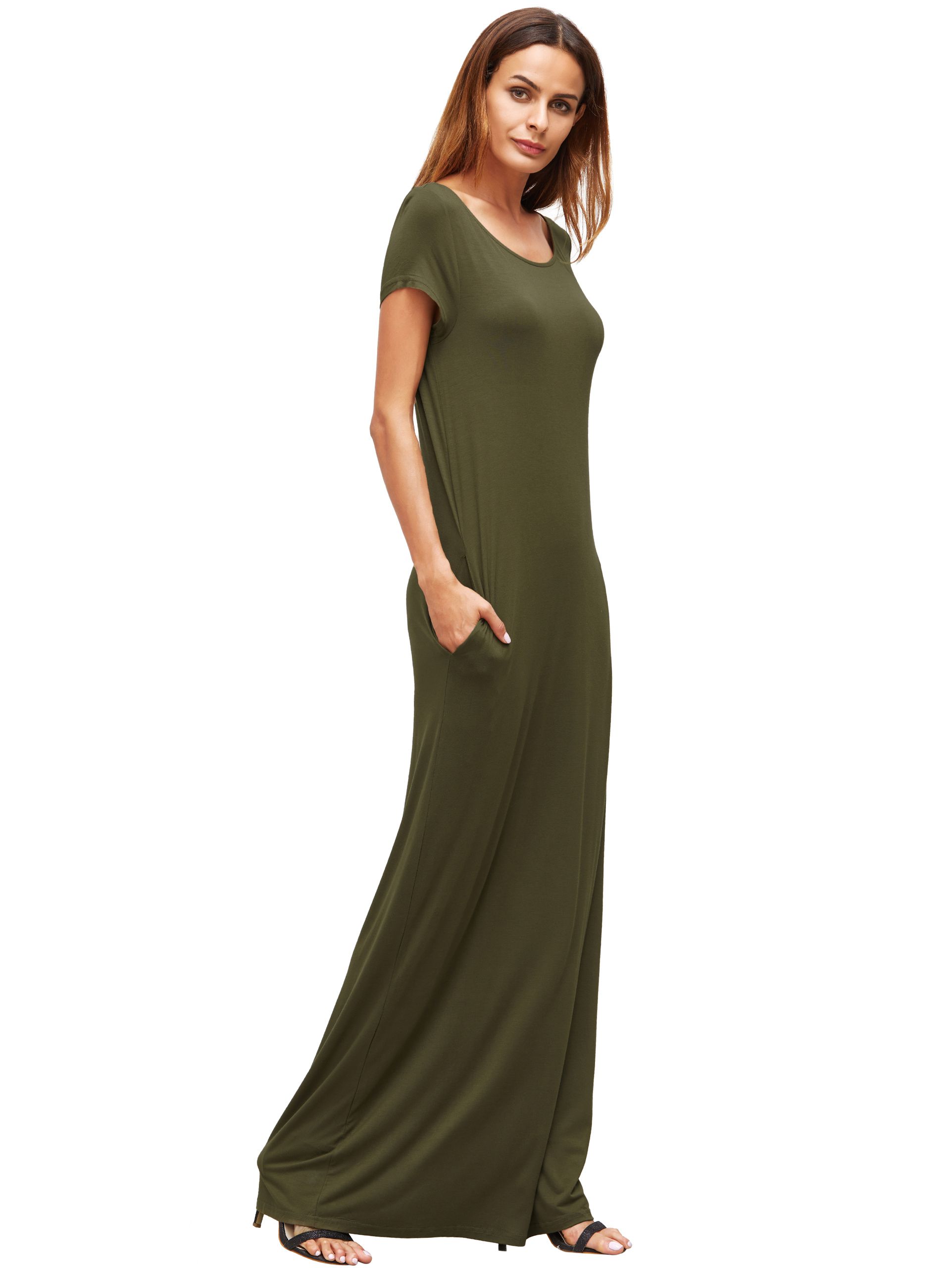 Army Green Pocket Short Sleeve Maxi Dress