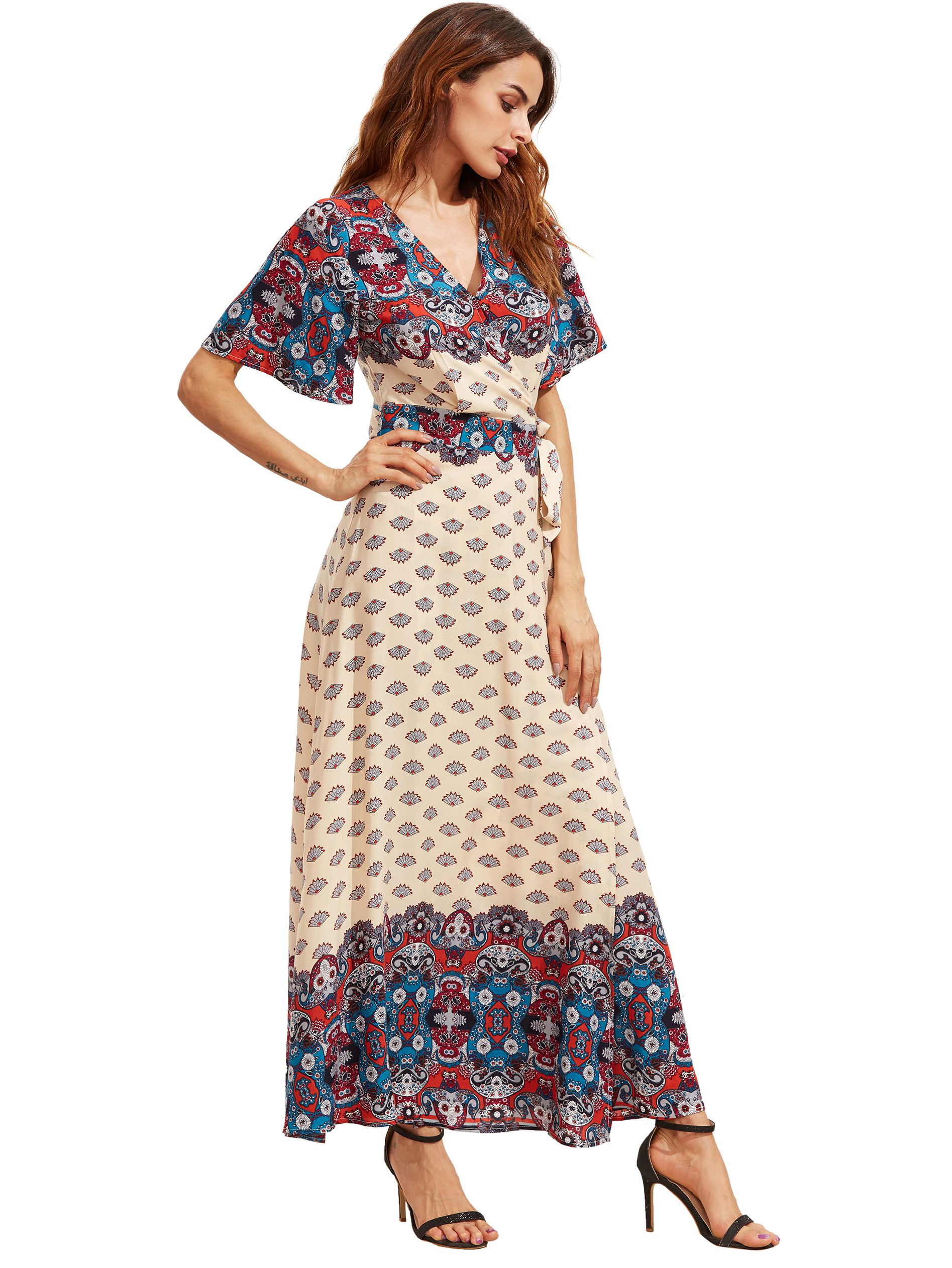 Apricot Print V Neck Half Sleeve Split Dress