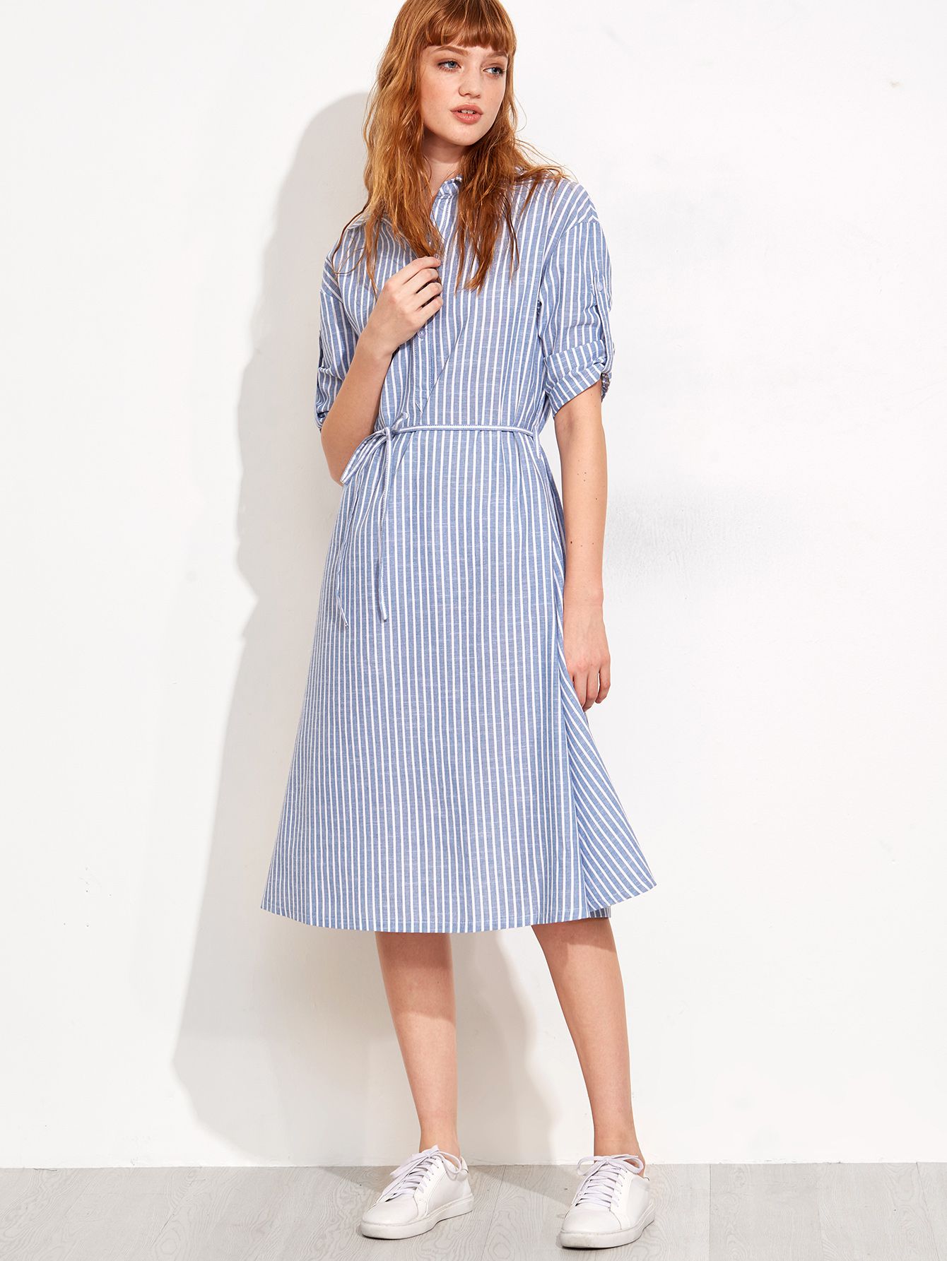 Blue Vertical Stripe Self Tie Shirt Dress