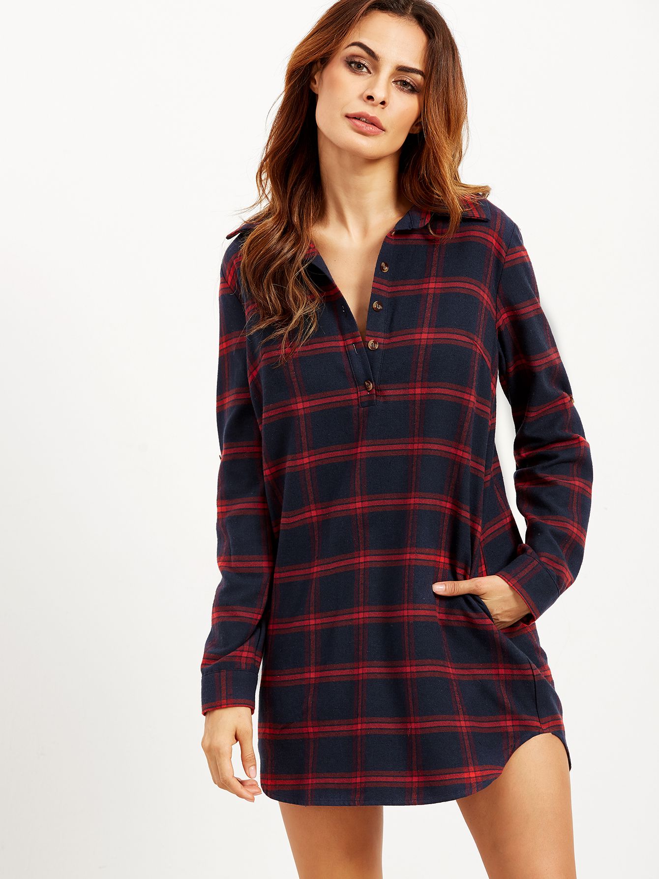 Navy Plaid Roll Tab Sleeve Half Placket Shirt Dress