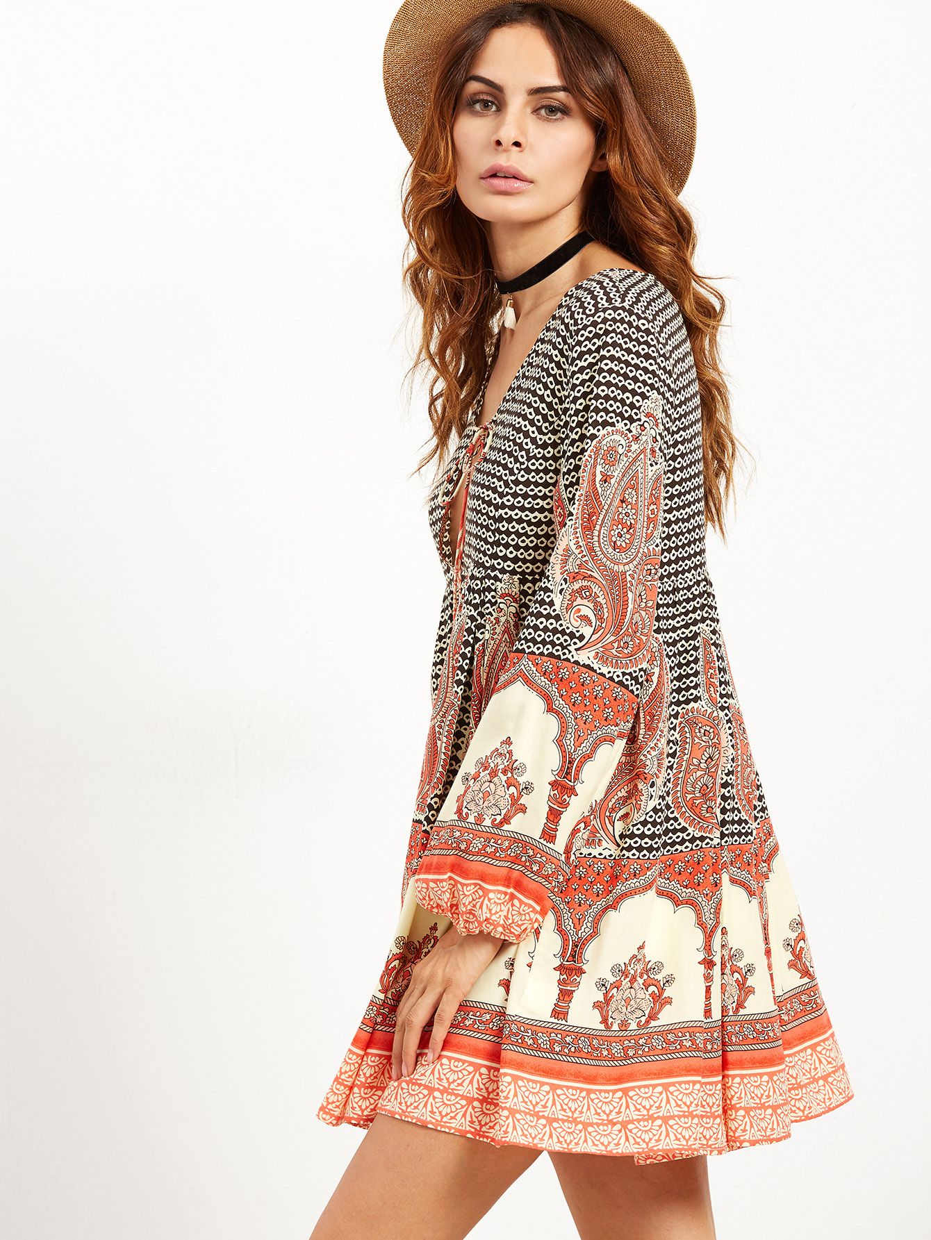 Tribal Print Deep V Neck Lace Up Dress