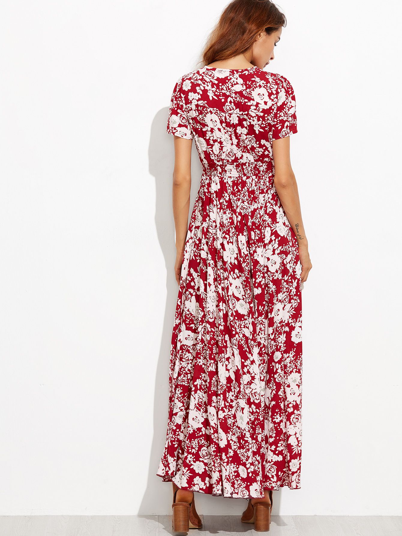 Burgundy Floral Self Tie Fringe Split Dress