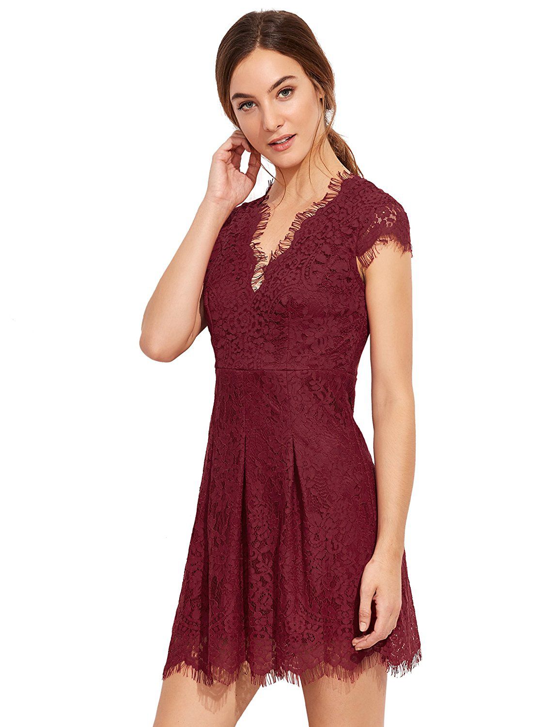 Burgundy Deep V Neck Cap Sleeve Lace Dress