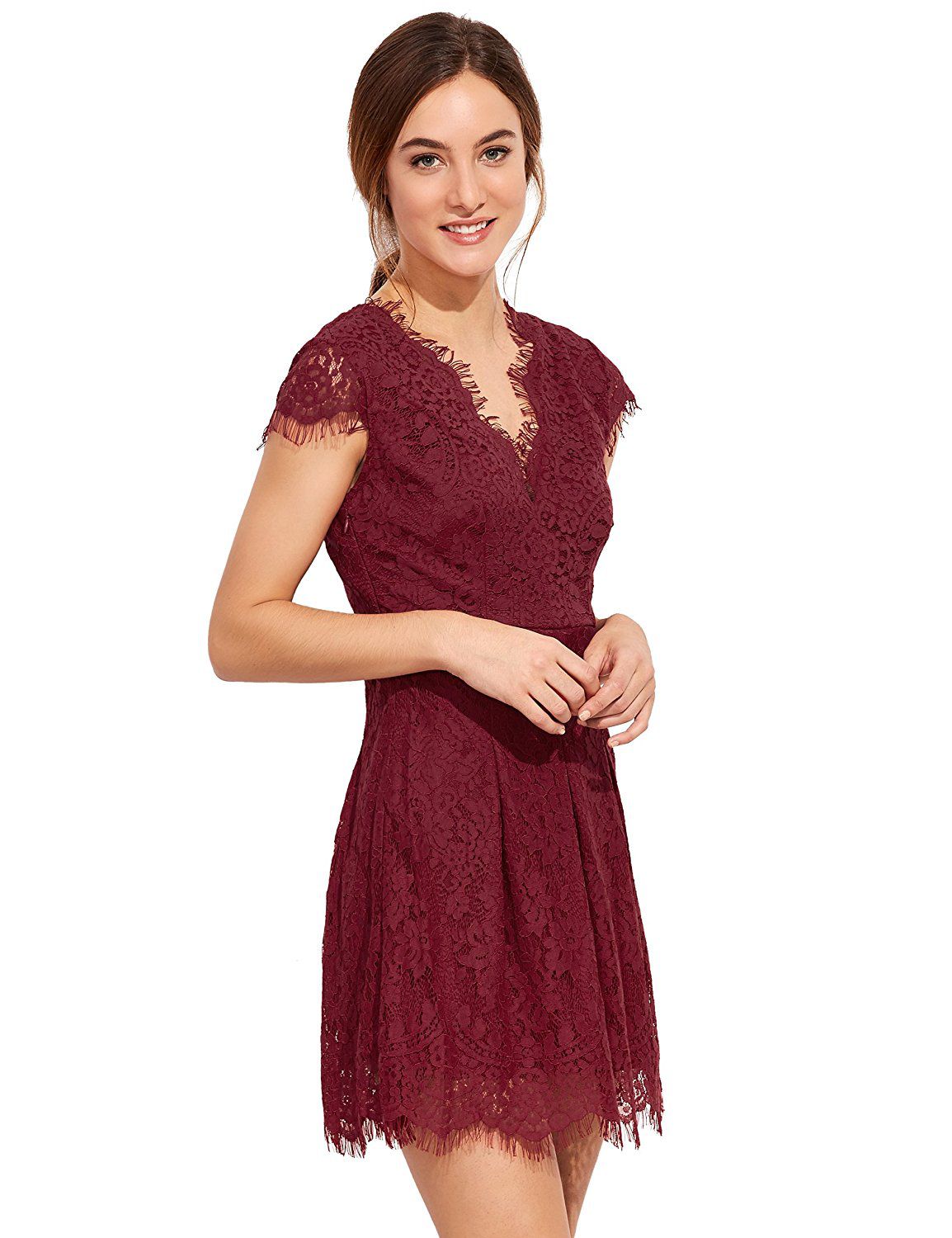 Burgundy Deep V Neck Cap Sleeve Lace Dress