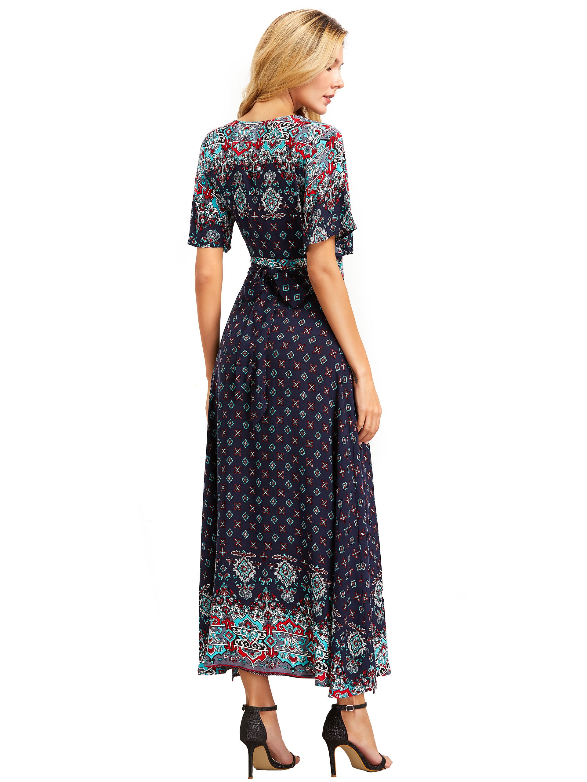 Green Print V Neck Half Sleeve Split Dress