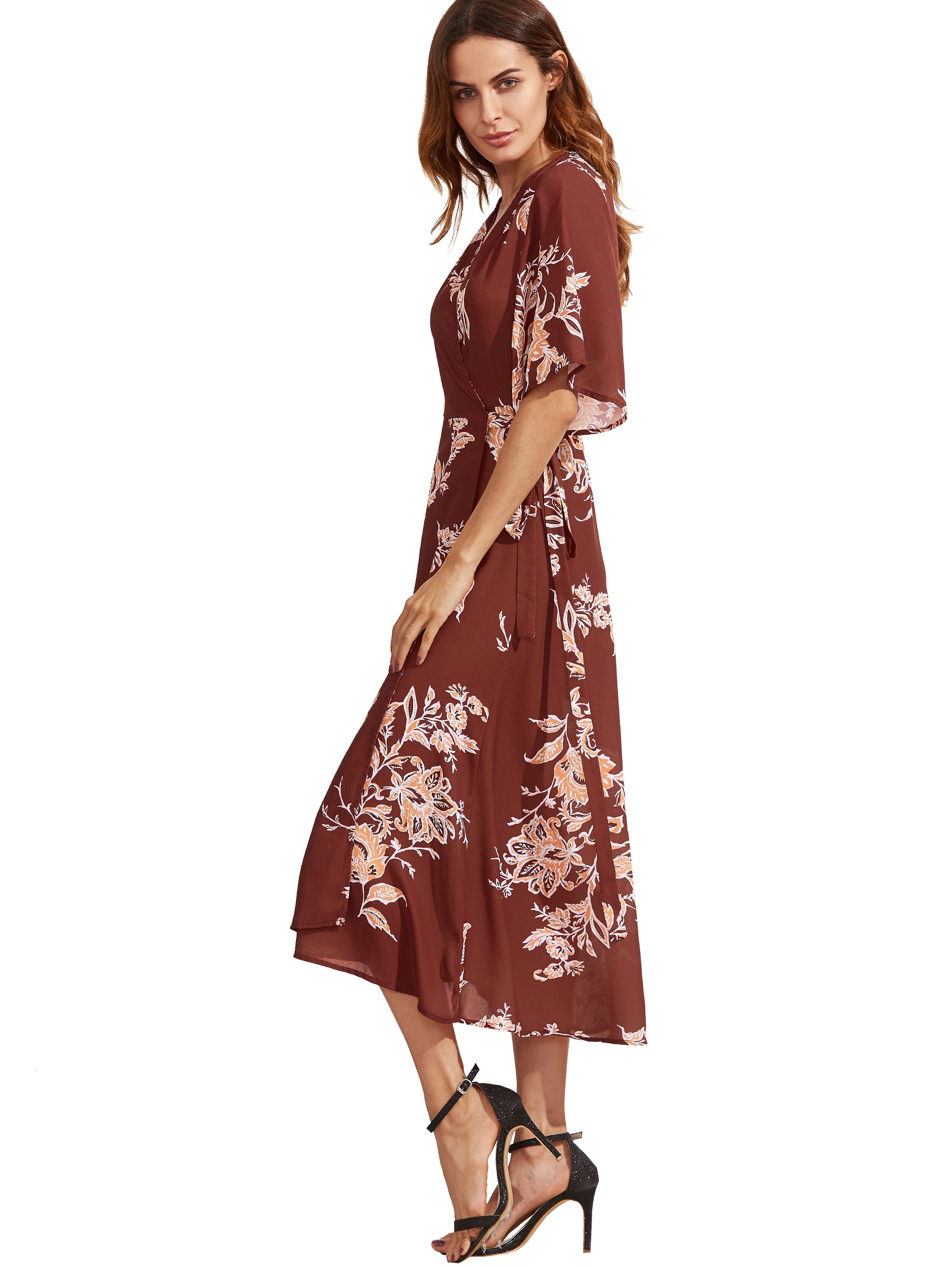 V Neck Florals Wrap Dress