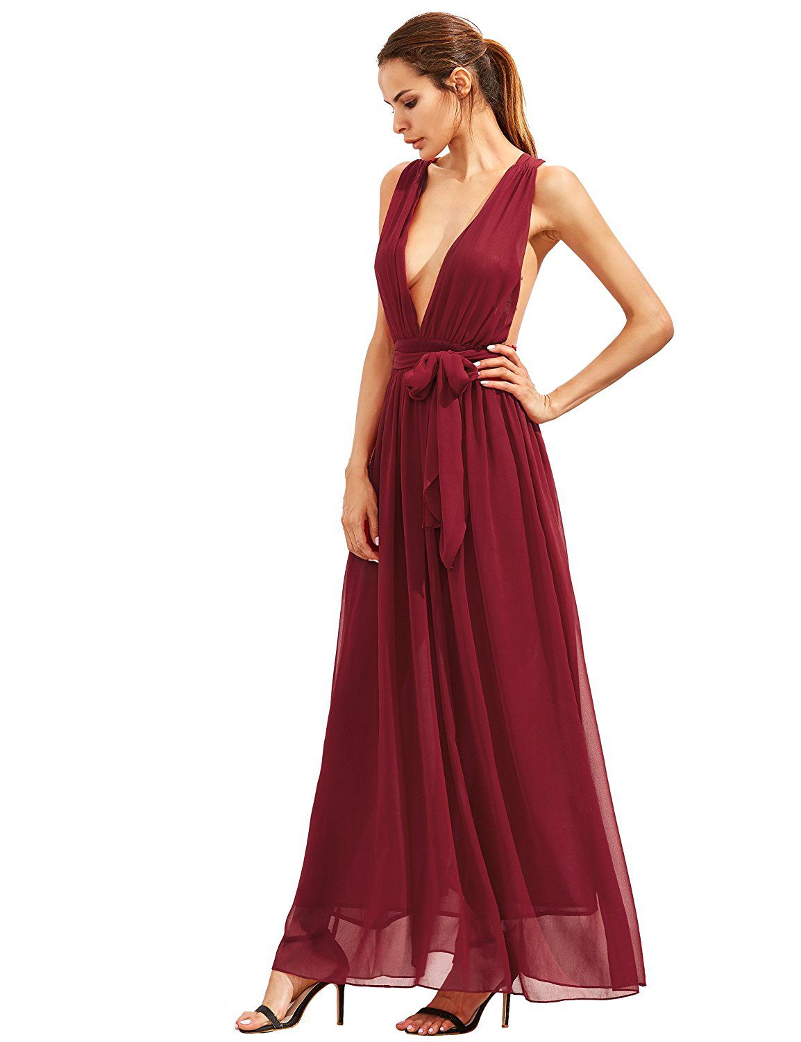 Burgundy Deep V Neck Self Tie Waist Maxi Dress