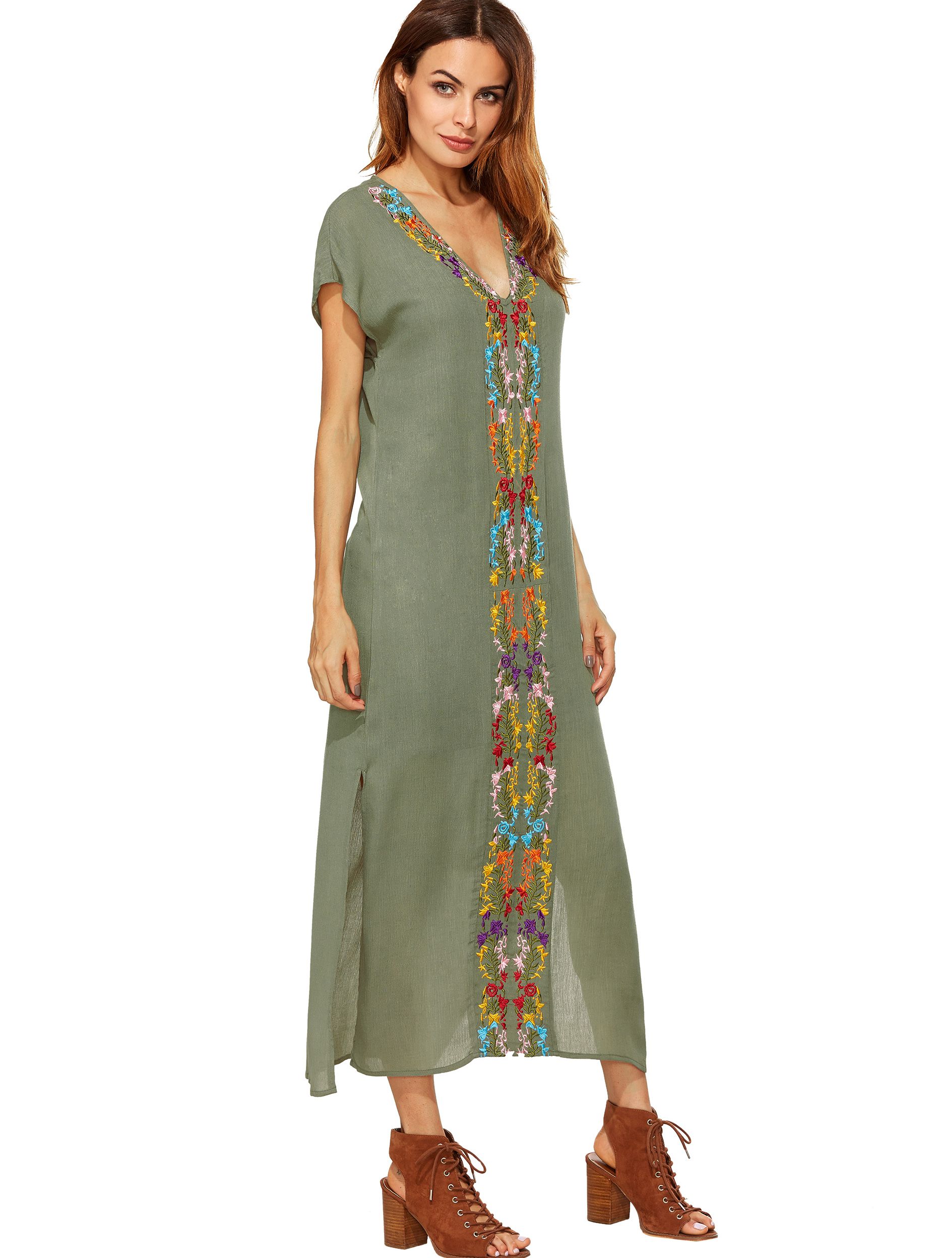 Army Green Placement Print Split Side Maxi Dress