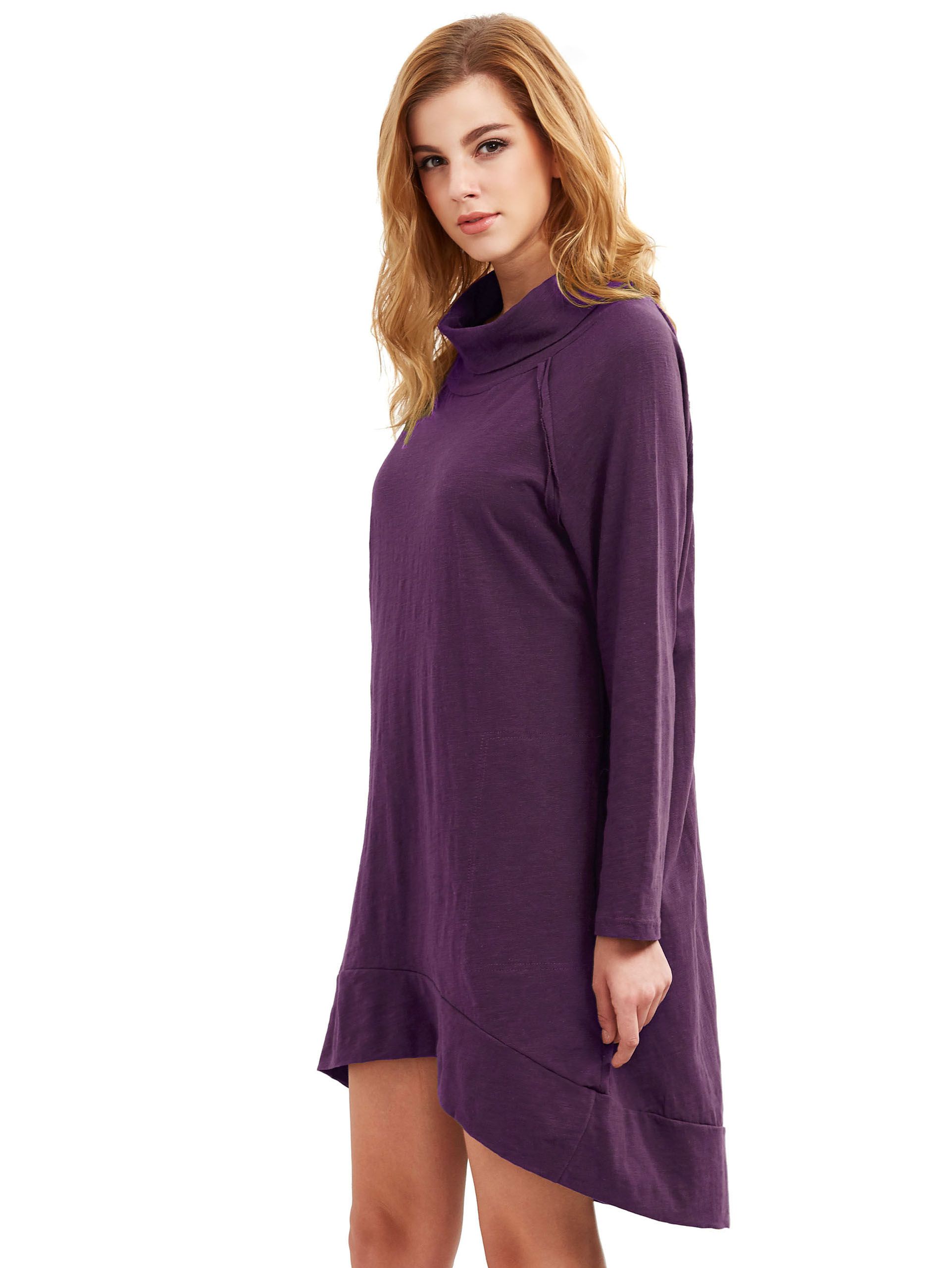 Purple Cowl Neck Long Sleeve High Low Dress