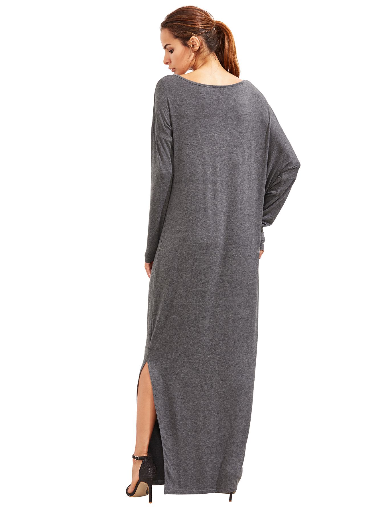 Dark Grey Oblique Shoulder Boatneck Bat Sleeve Slit Dress