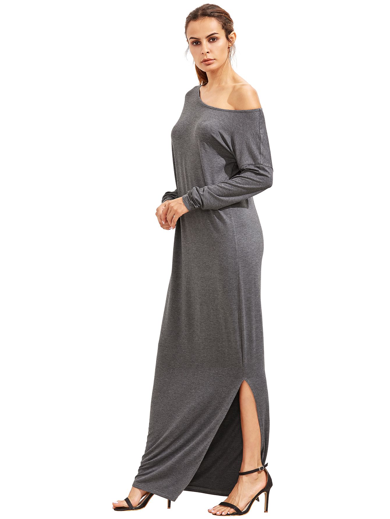 Dark Grey Oblique Shoulder Boatneck Bat Sleeve Slit Dress