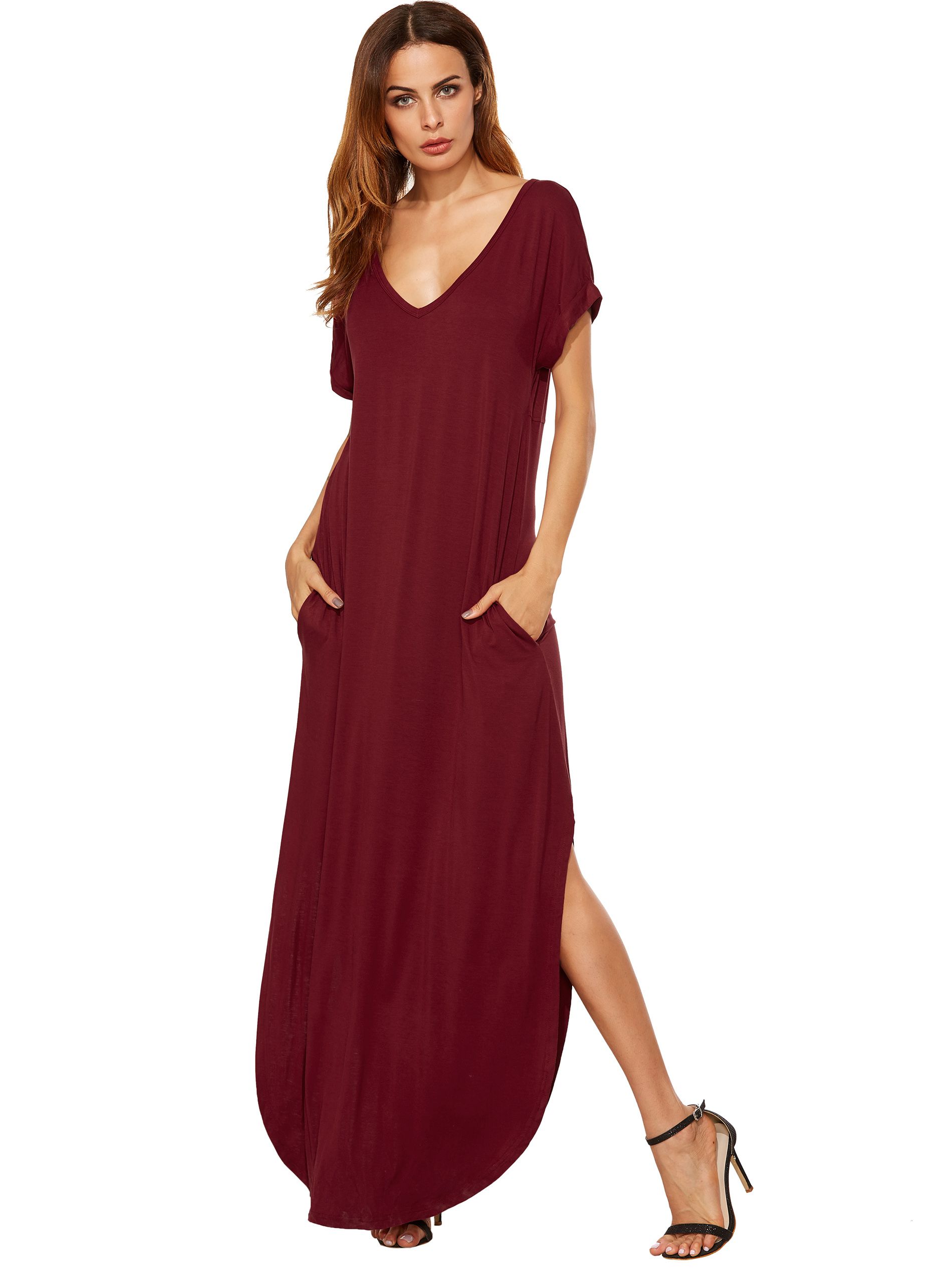 Red Rolled-cuff Pockets Split Maxi Dress