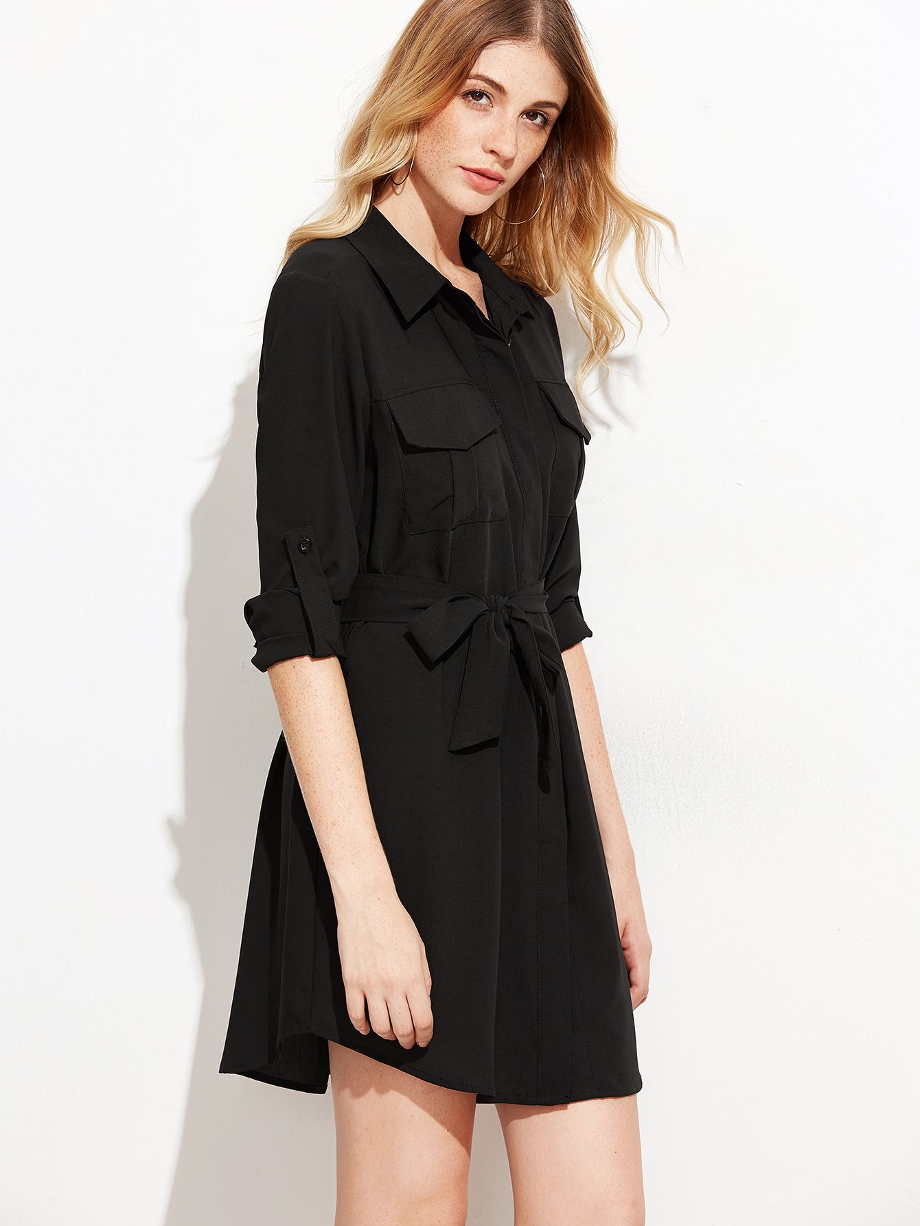 Black Roll Tab Sleeve Self Tie Shirt Dress