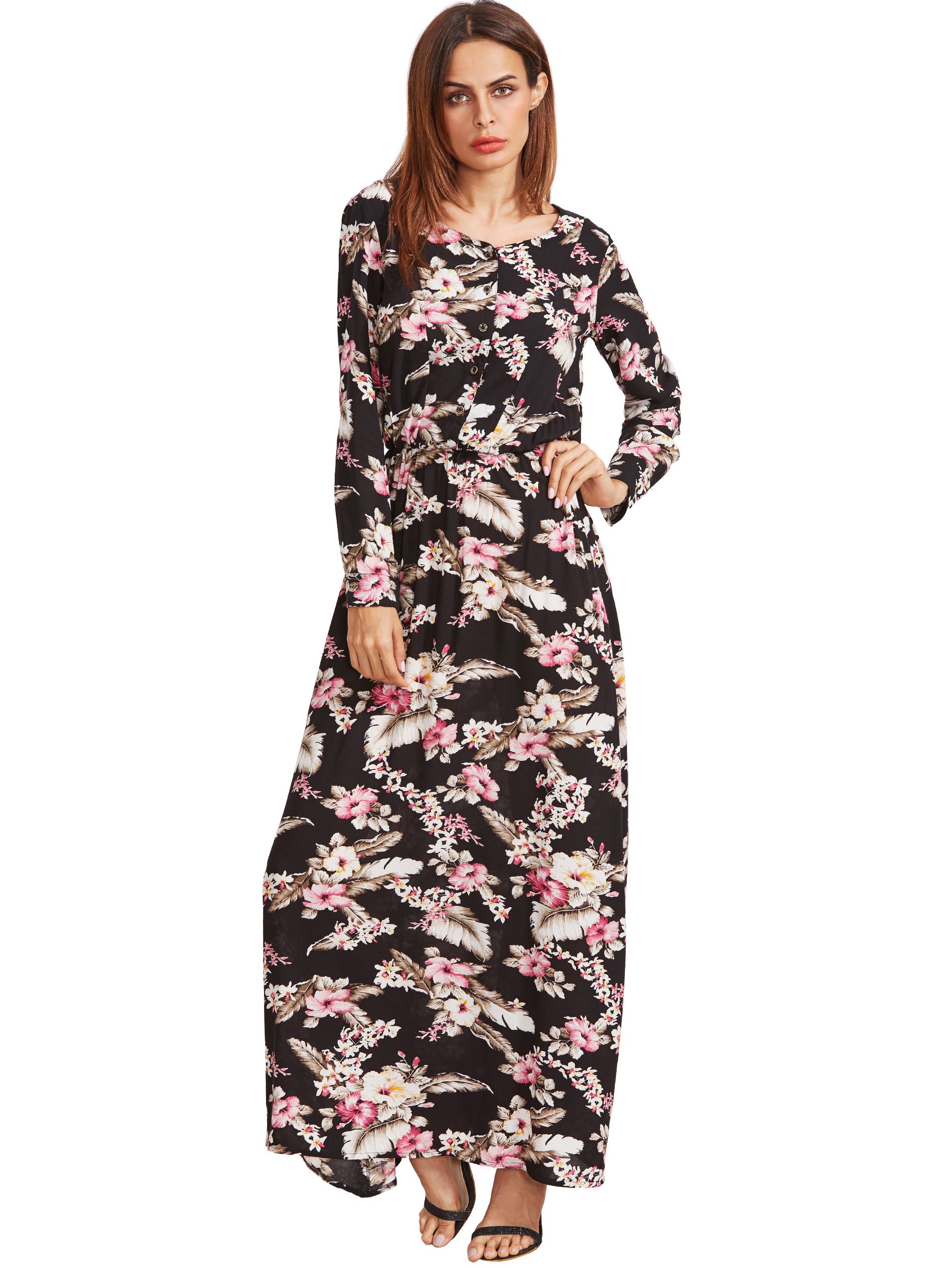 Black Blossom Print Buttoned Front Dress