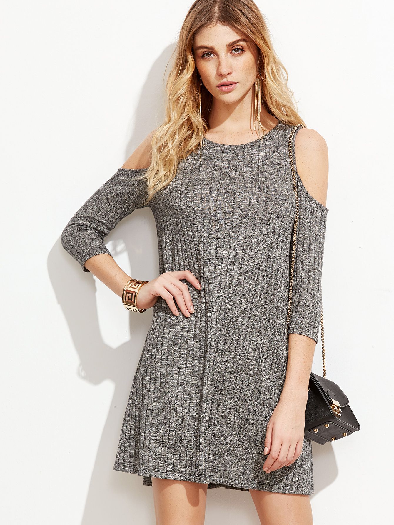 Grey Open Shoulder Ribbed Dress