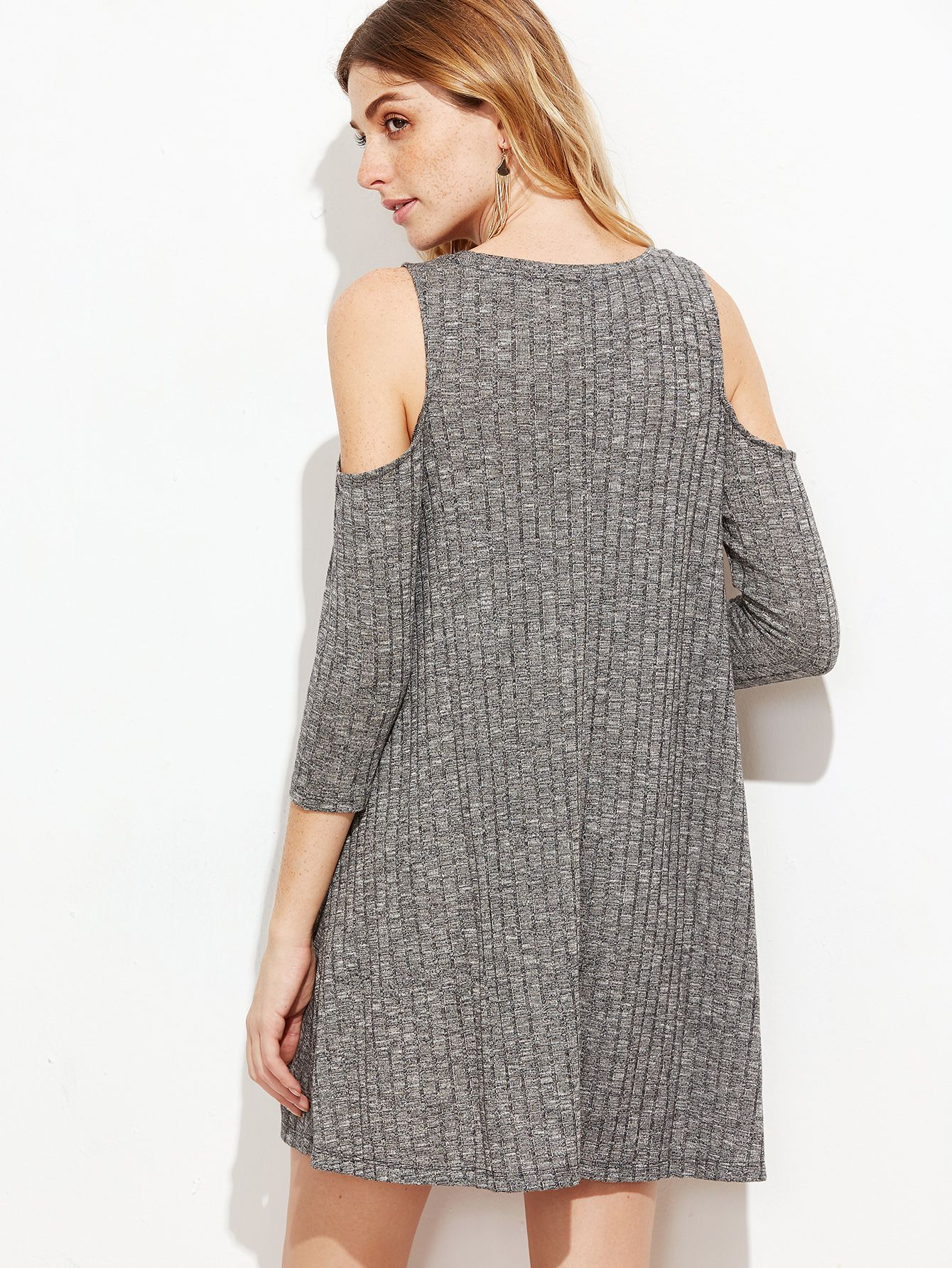 Grey Open Shoulder Ribbed Dress