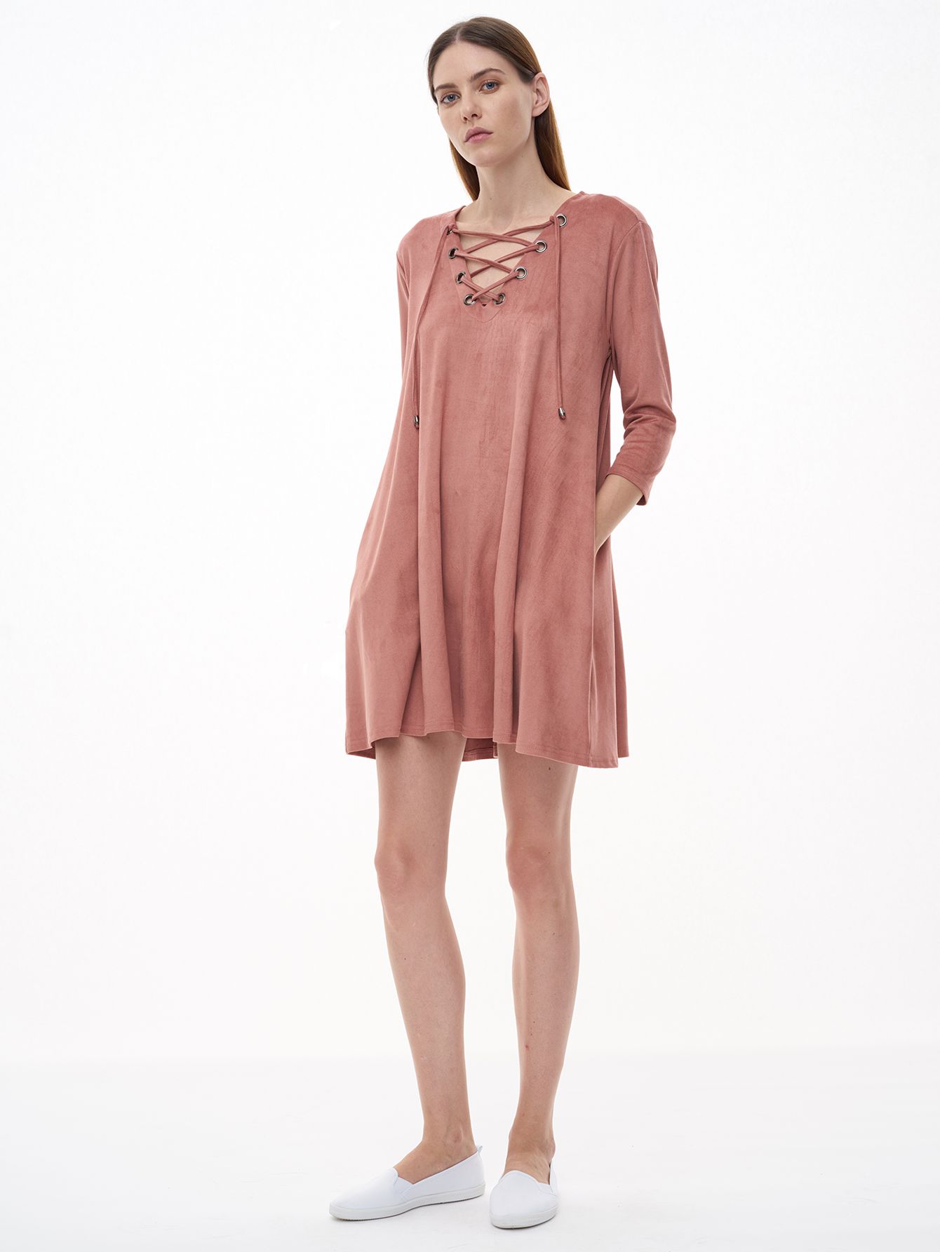 Pink Eyelet Lace Up Suede Shift Dress