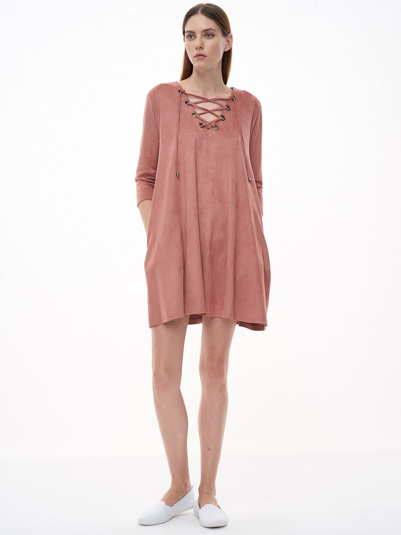 Pink Eyelet Lace Up Suede Shift Dress