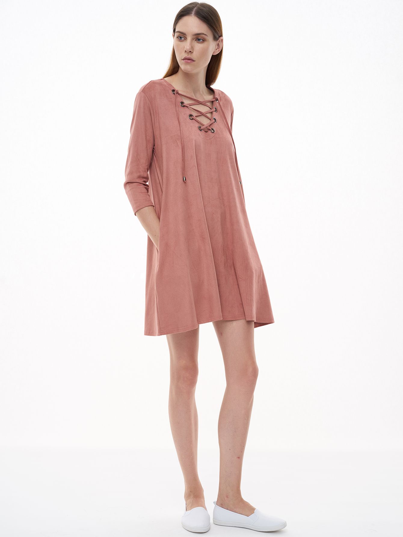 Pink Eyelet Lace Up Suede Shift Dress