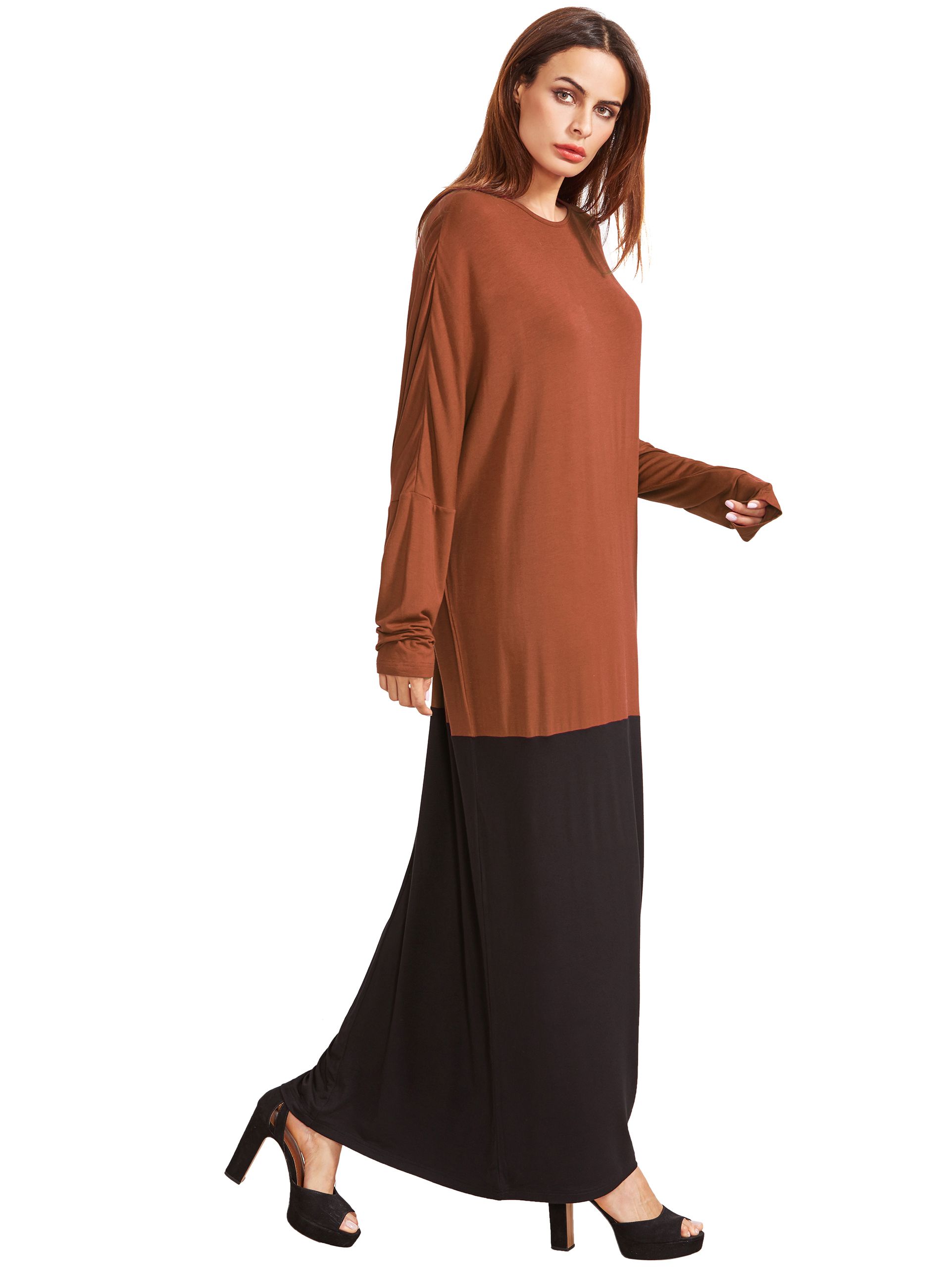 Color Block Round Neck Long Sleeve Maxi Dress