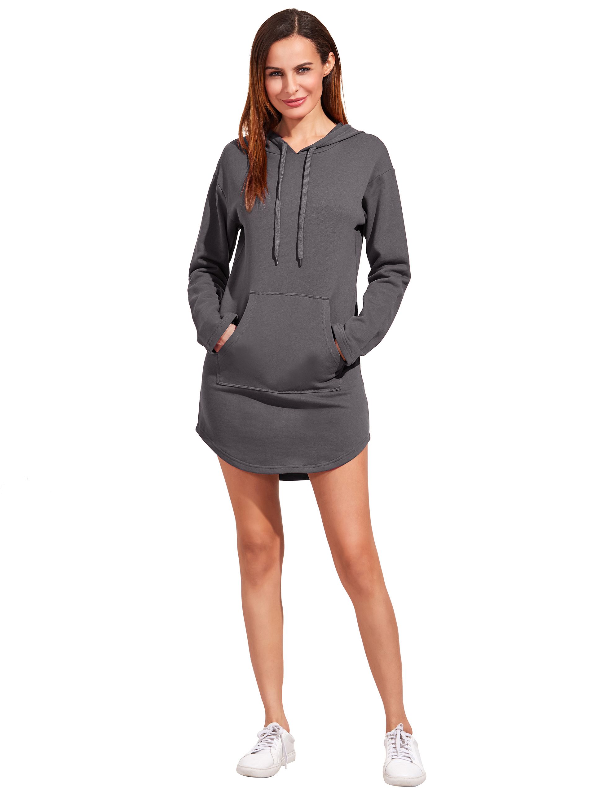 Heather Grey Curved Hem Hooded Sweatshirt Dress With Pocket