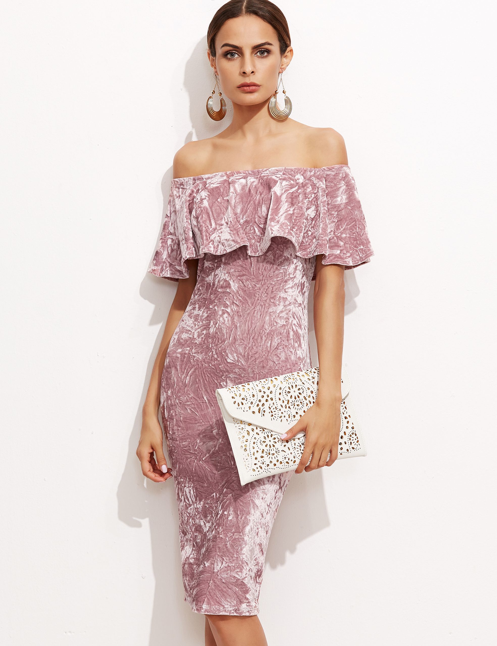 Pink Off The Shoulder Ruffle Sheath Dress