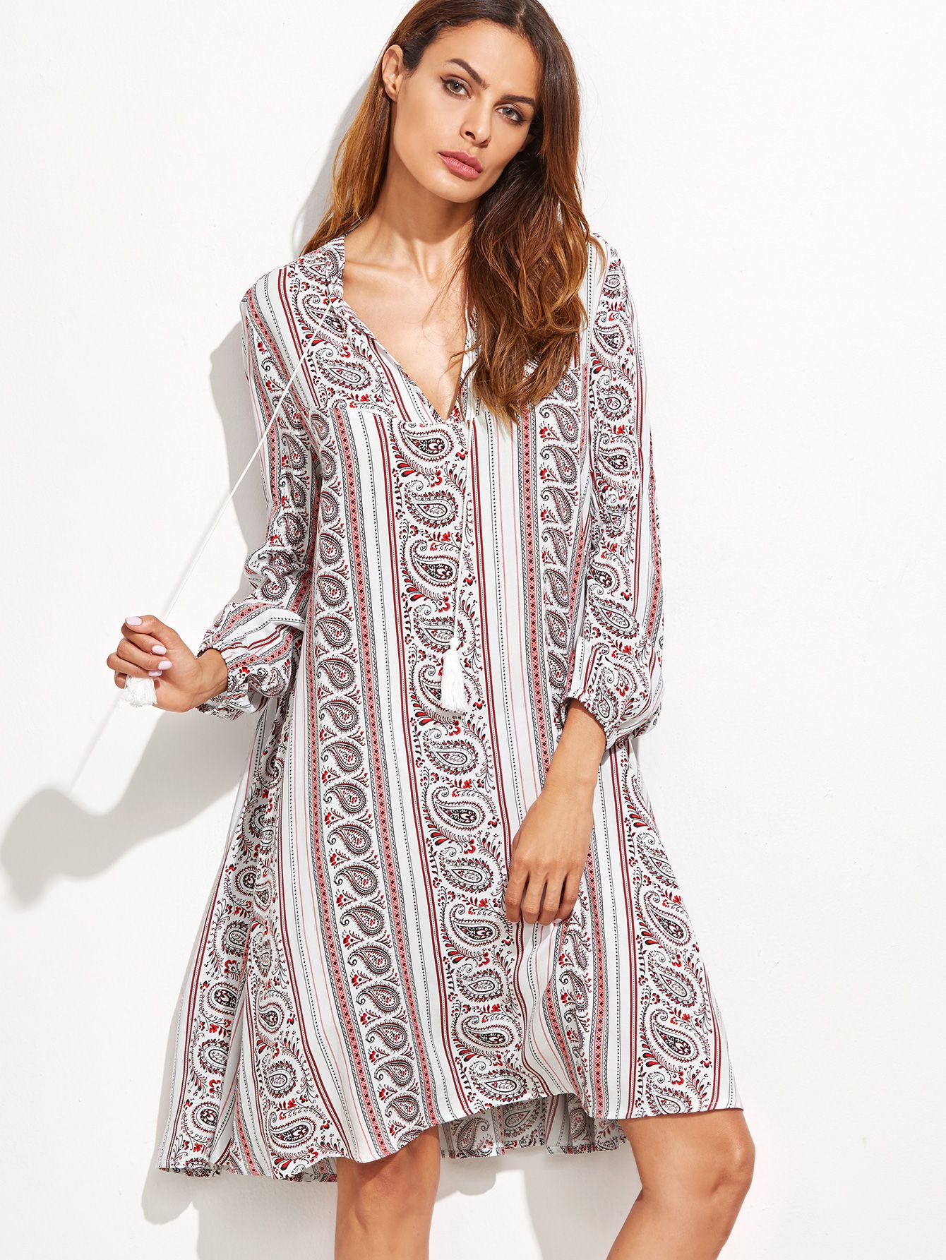 Multicolor Paisley Print V Neck Fringe Detail Dress