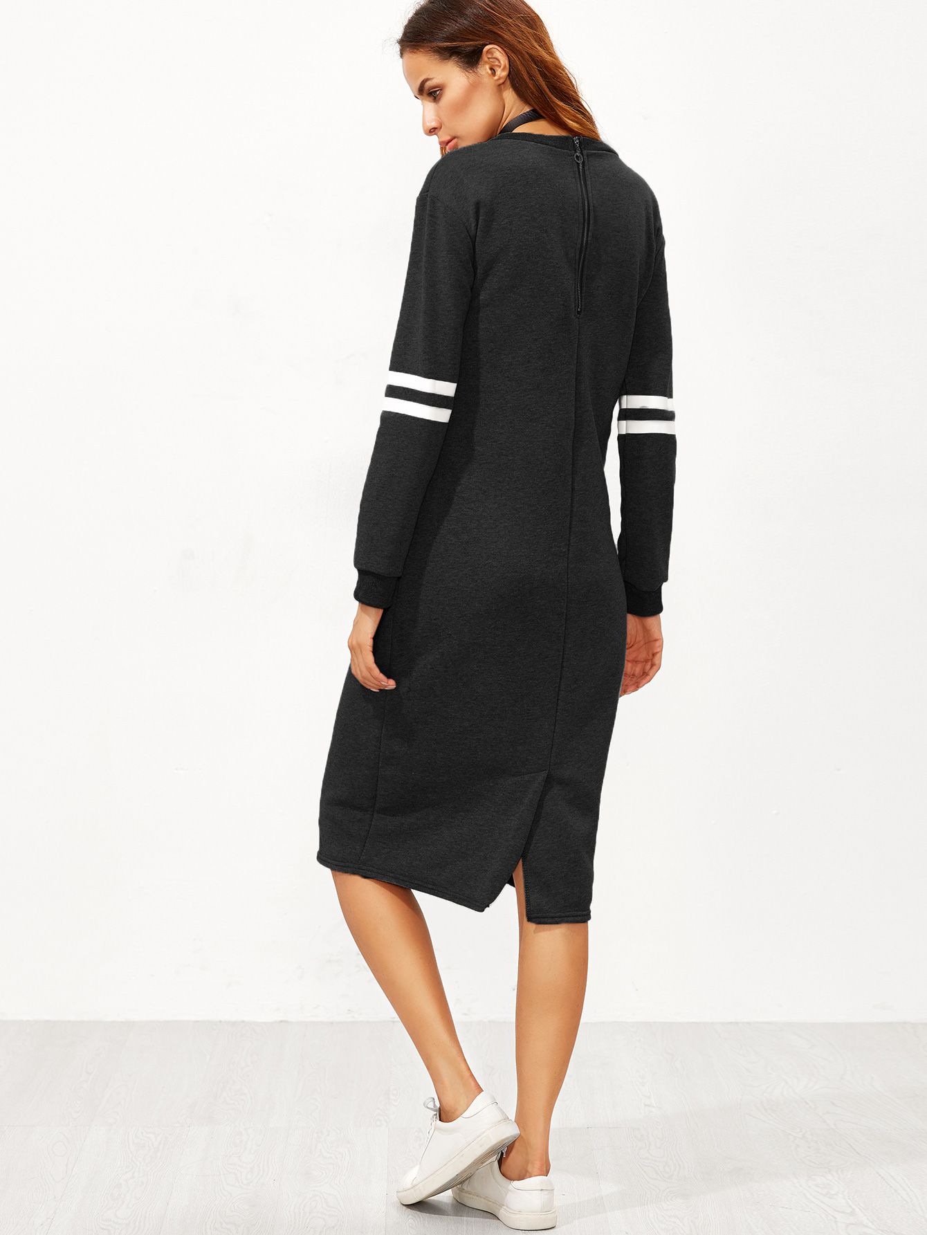 Black Varsity Print Slit Back Zipper Sweatshirt Dress