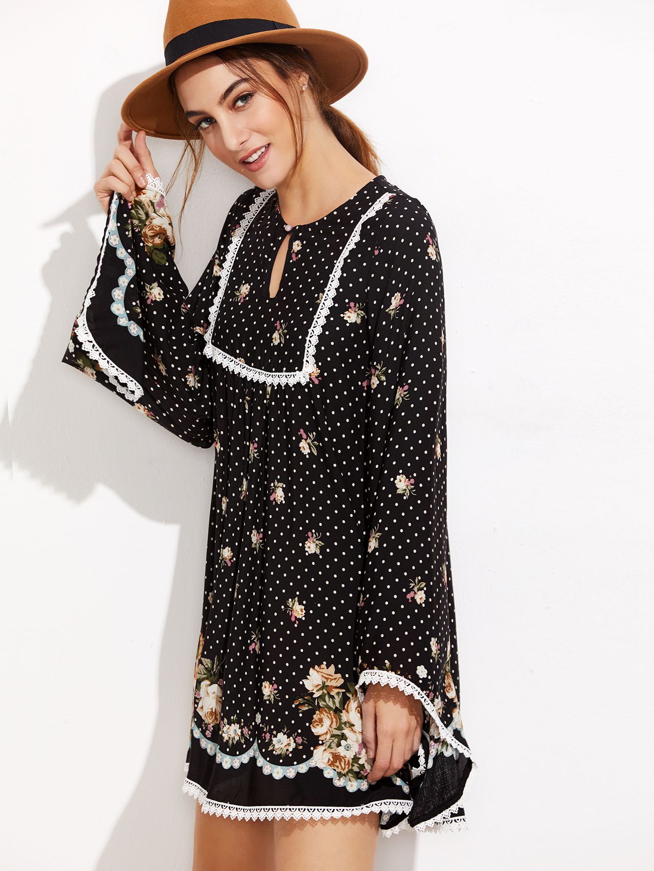 Black Polka Dot And Rose Print Lace Trim Tunic Dress