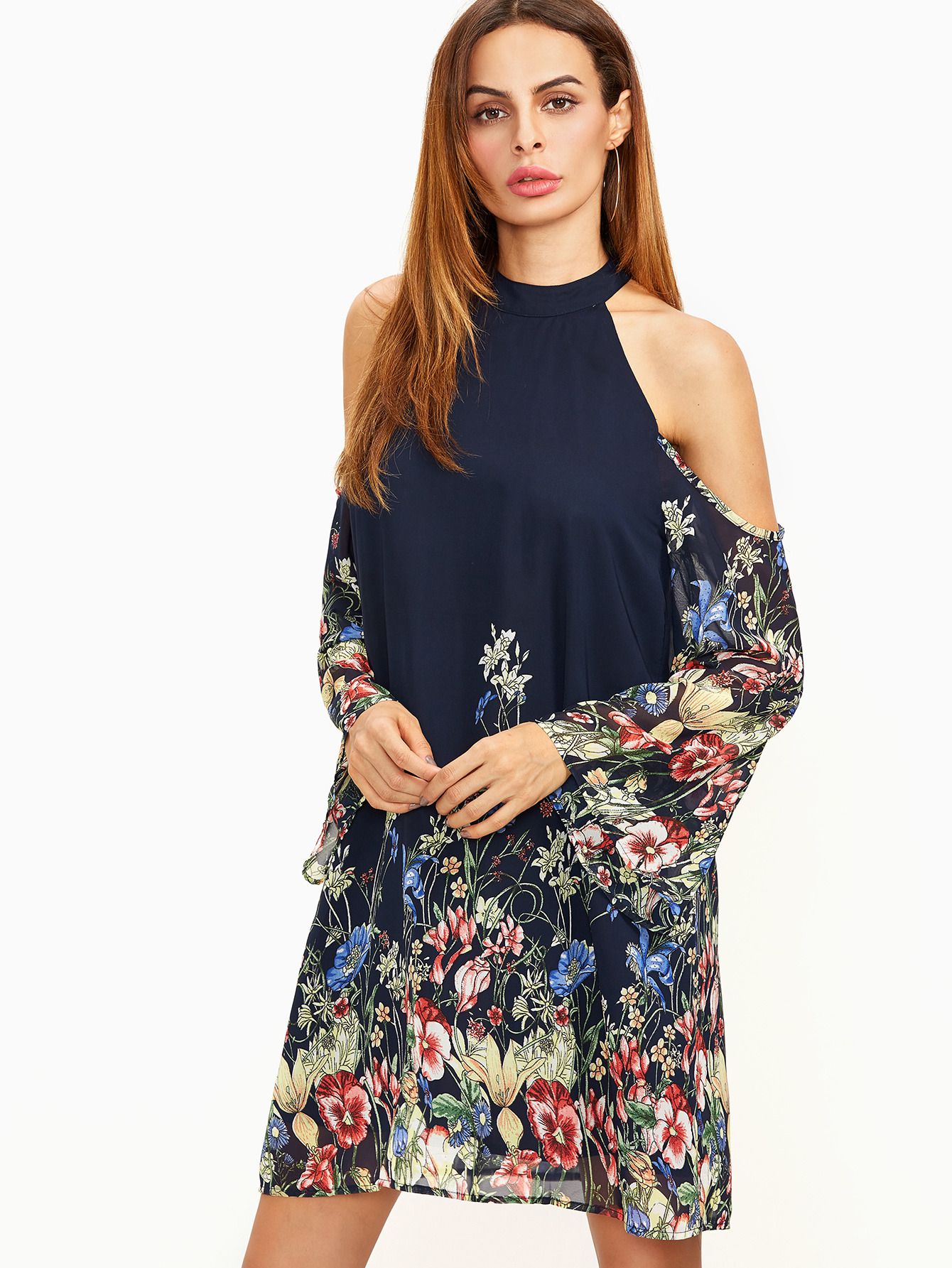 Navy Flower Print Keyhole Halter Neck Cold Shoulder Dress