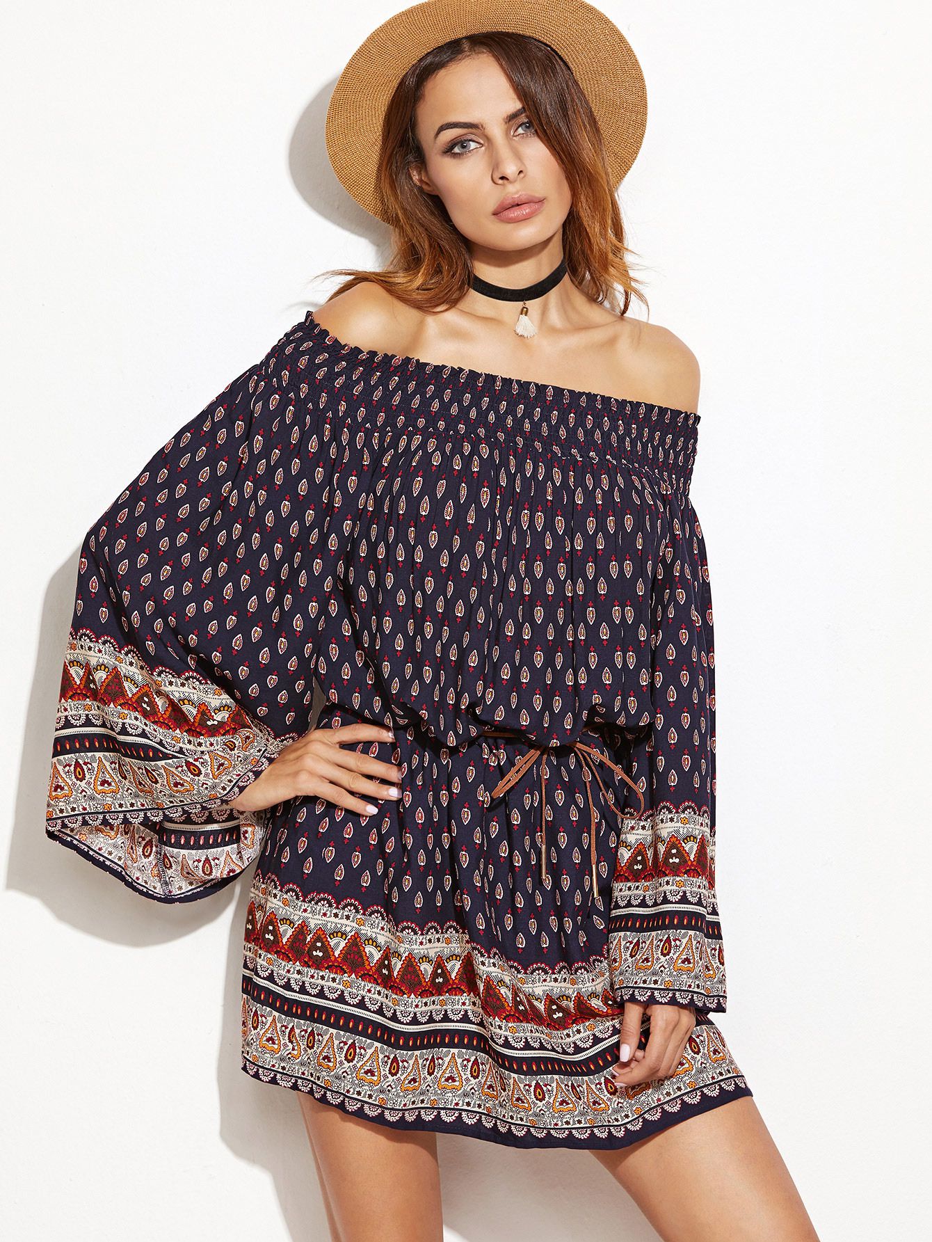 Navy Ornate Print Kimono Sleeve Smocked Off The Shoulder Dress